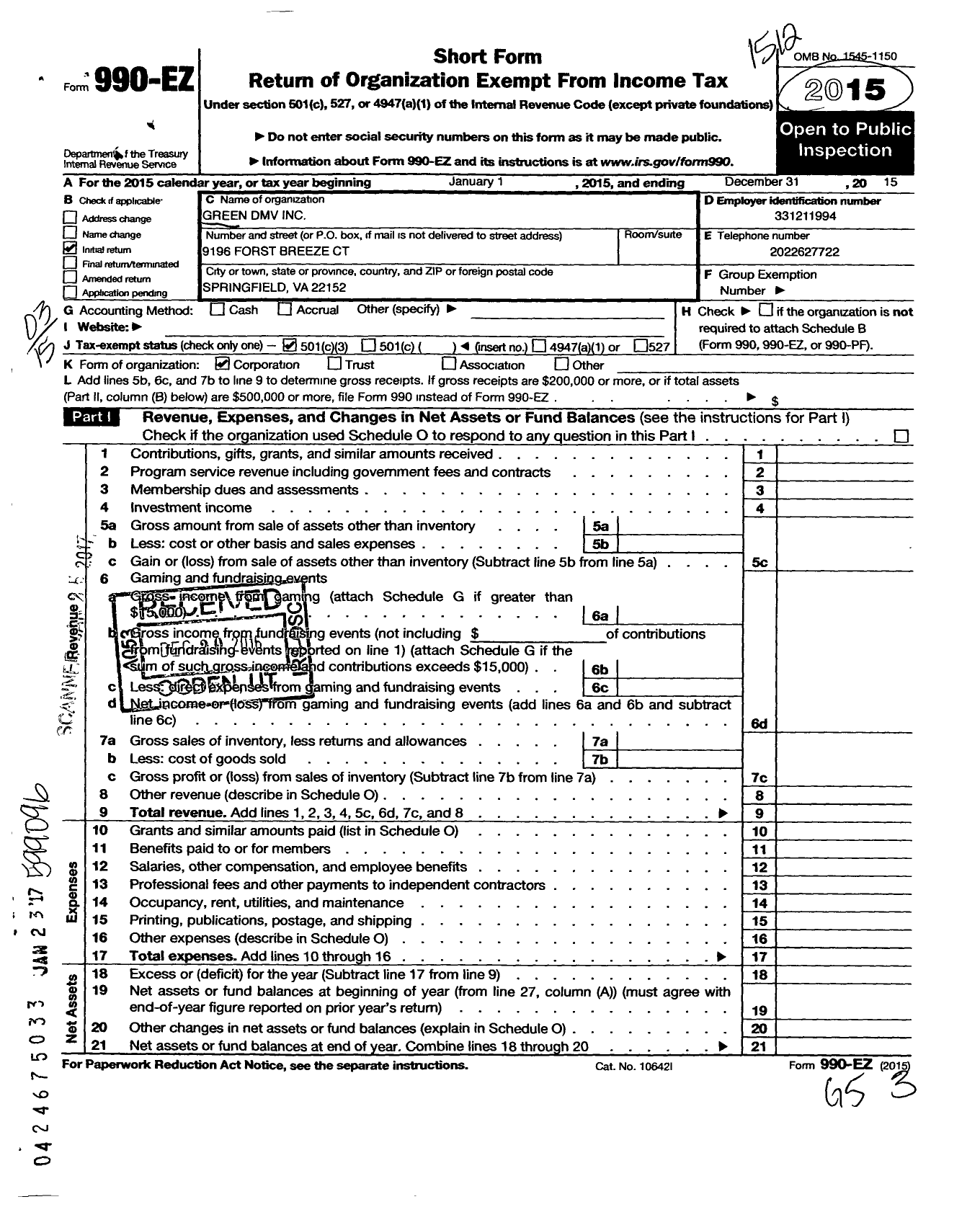 Image of first page of 2015 Form 990EZ for Green DMV