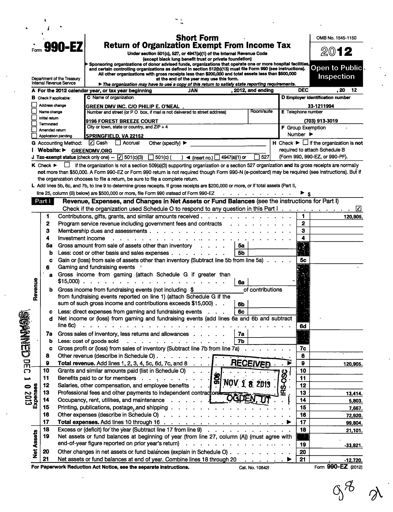 Image of first page of 2012 Form 990EZ for Green DMV