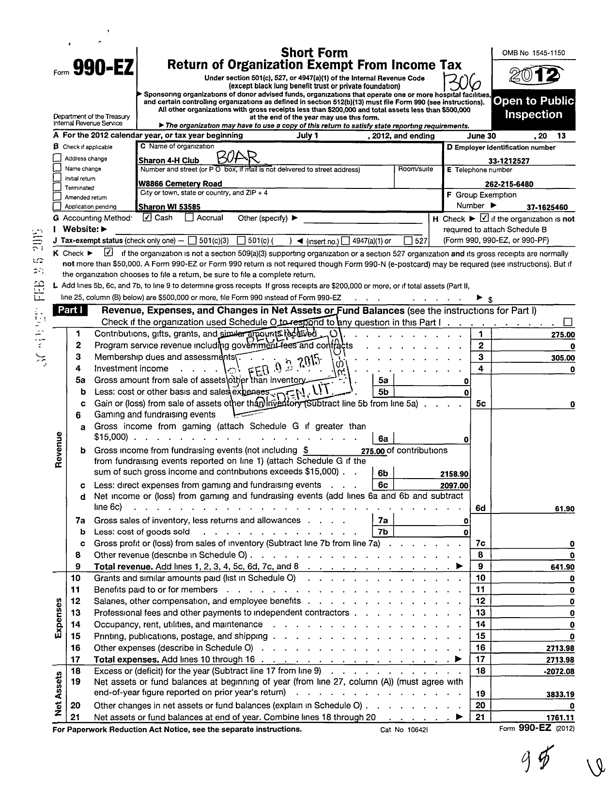 Image of first page of 2012 Form 990EO for Board of Regents of the University of Wisconsin System / Sharon 4-H Club