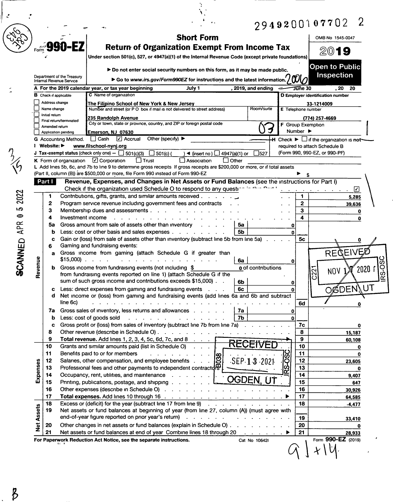 Image of first page of 2019 Form 990EZ for Filipino School of New York and New Jersey