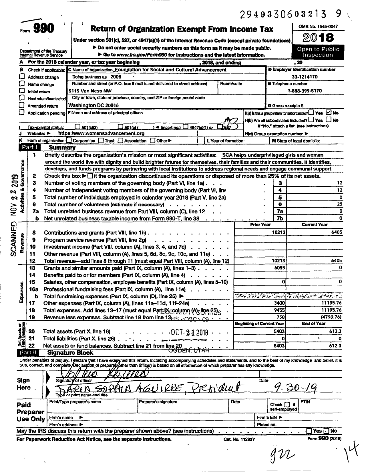 Image of first page of 2018 Form 990 for Foundation for Social and Cultural Advancement