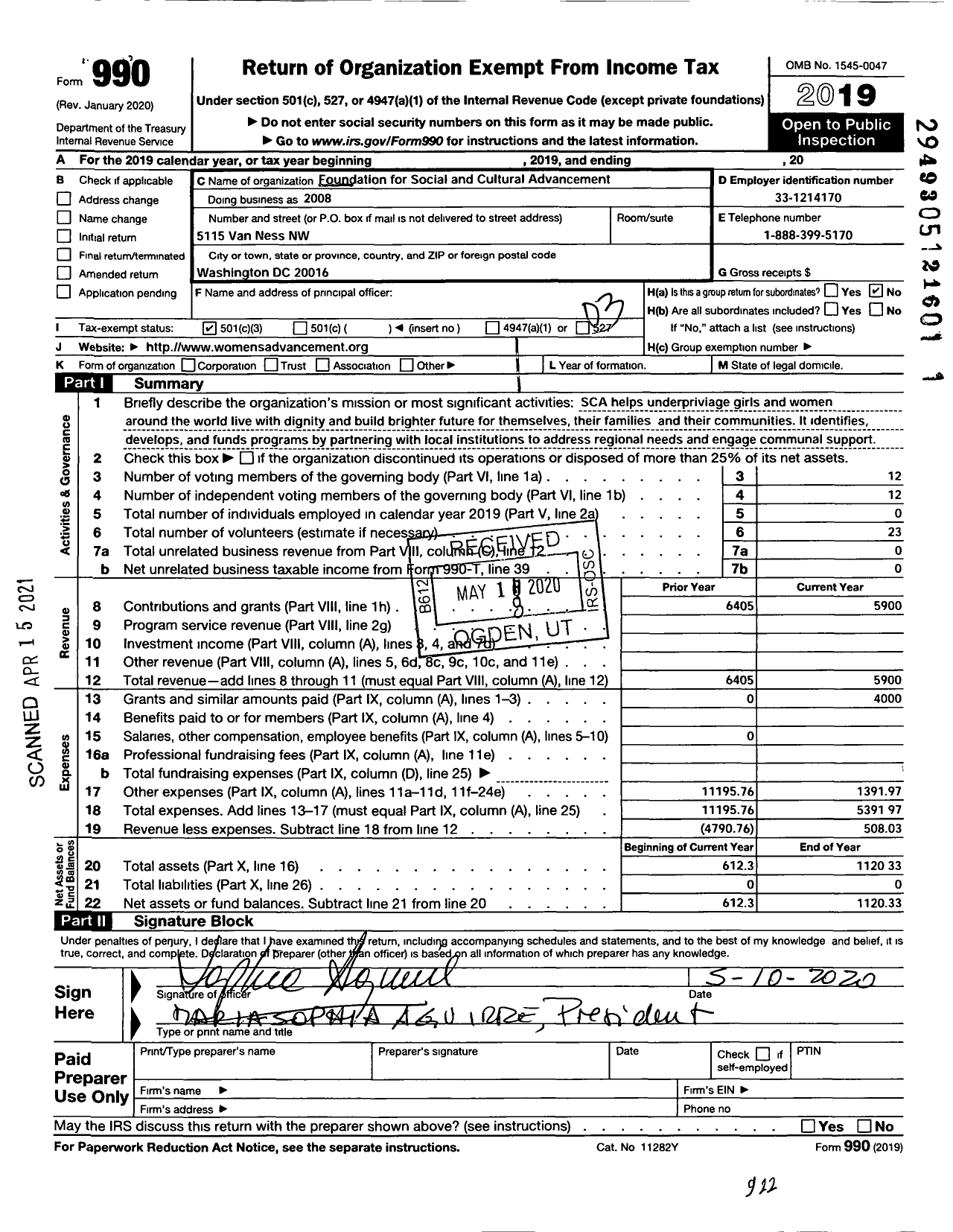 Image of first page of 2019 Form 990 for Foundation for Social and Cultural Advancement