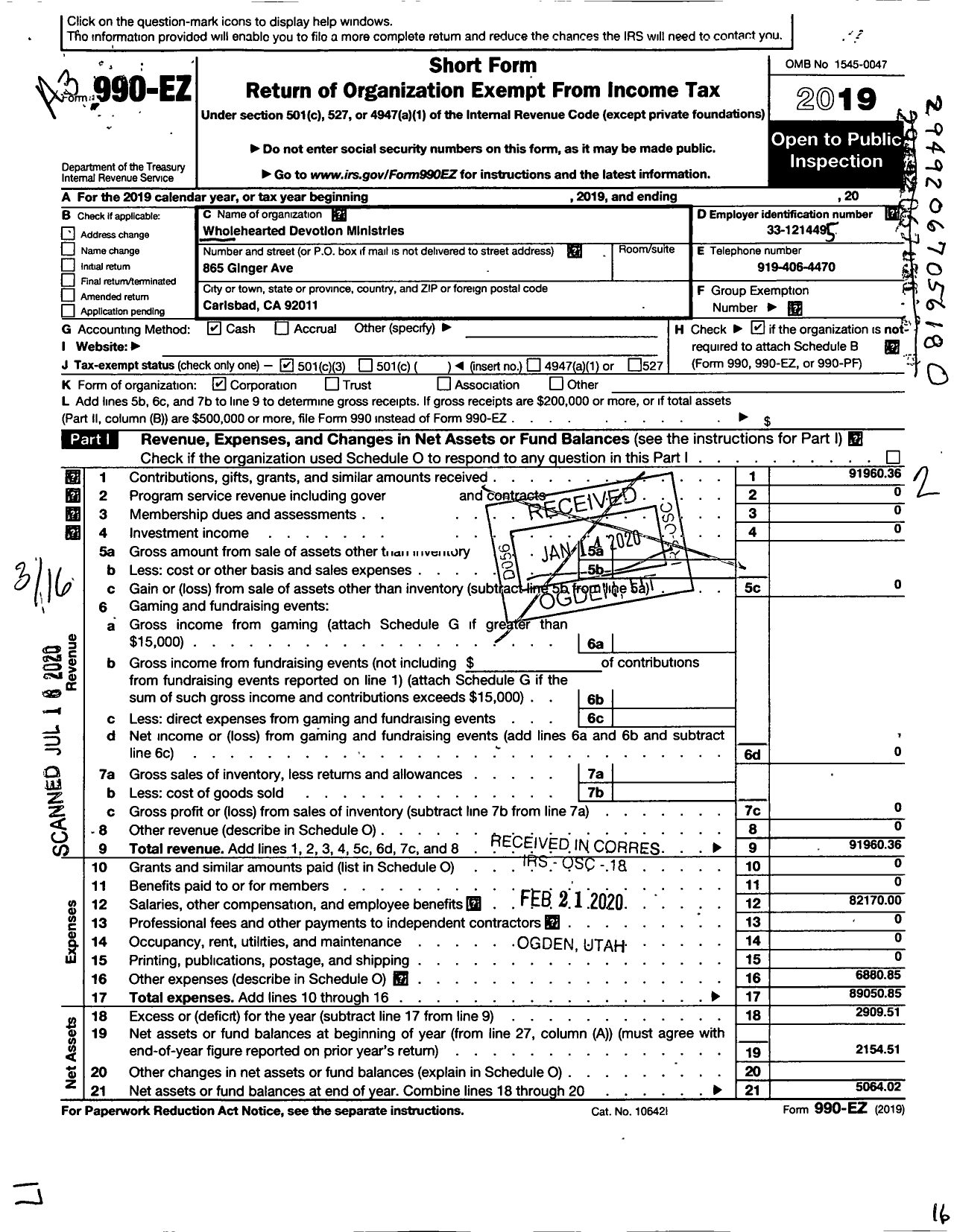 Image of first page of 2019 Form 990EZ for Wholehearted Devotion Ministries