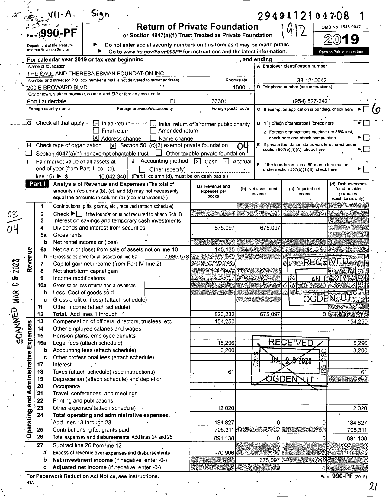 Image of first page of 2019 Form 990PF for The Saul and Theresa Esman Foundation