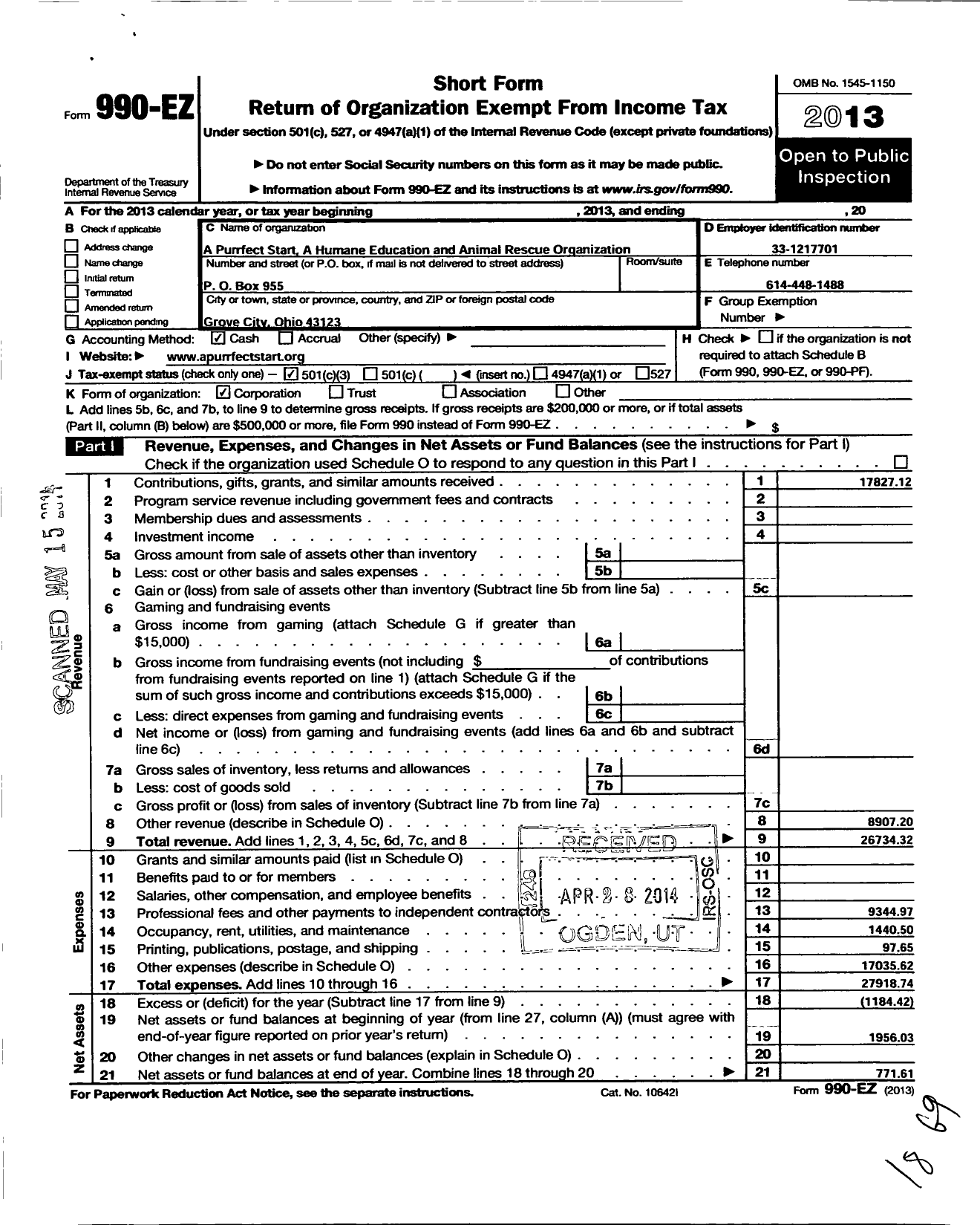 Image of first page of 2013 Form 990EZ for A Purrfect Start A Humane Education and Animal Rescue Org