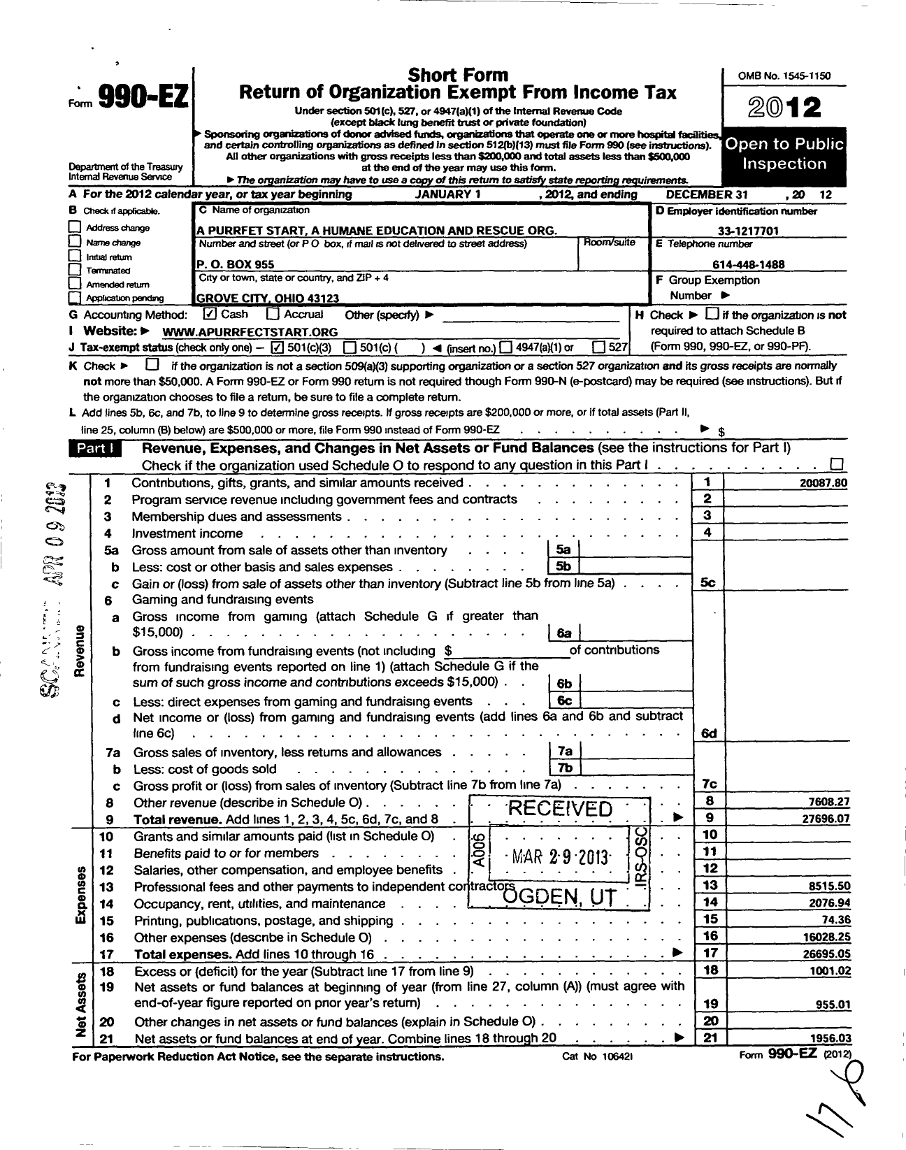 Image of first page of 2012 Form 990EZ for A Purrfect Start A Humane Education and Animal Rescue Org