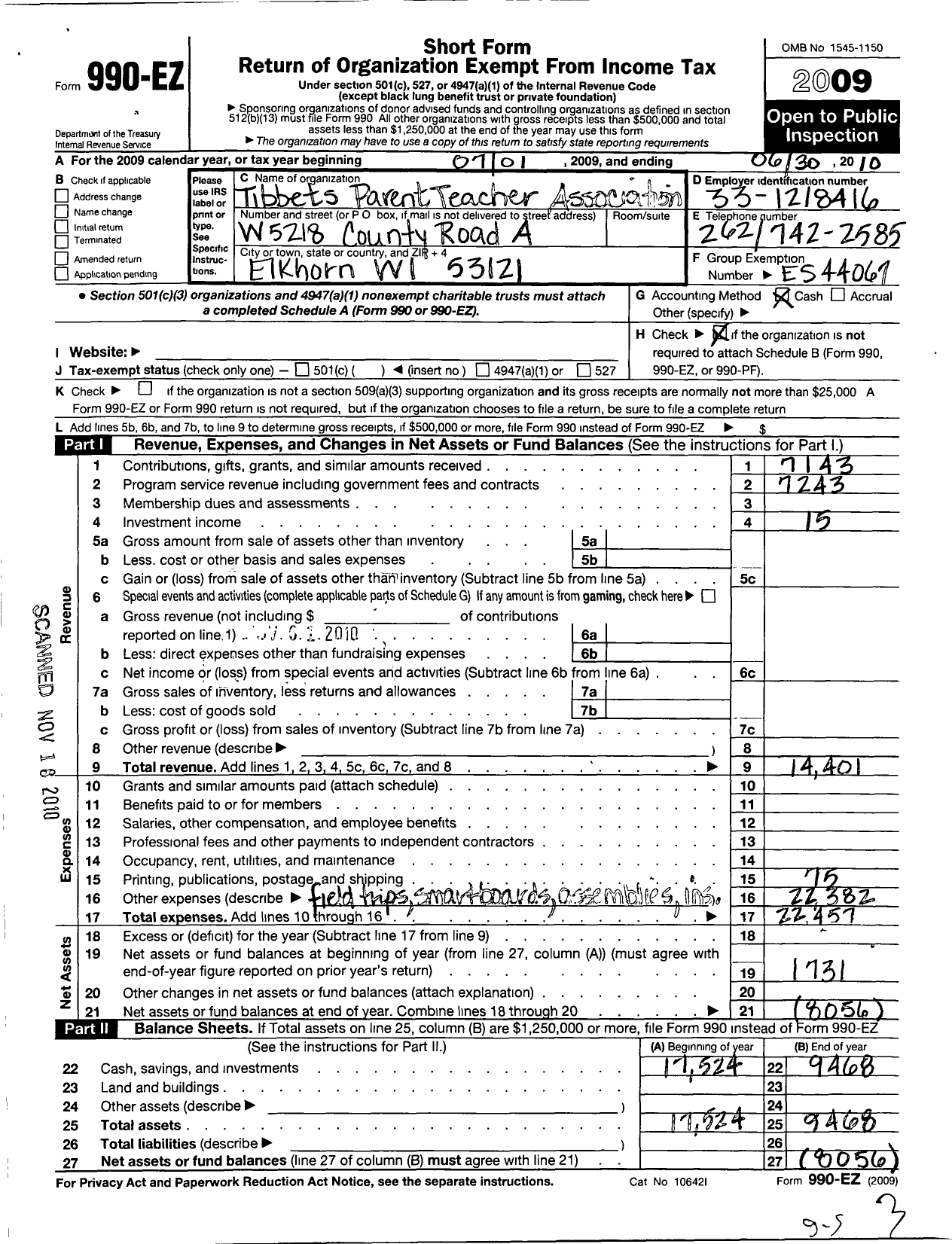 Image of first page of 2009 Form 990EO for PTA Wisconsin Congress / Tibbets Parent Teacher Association