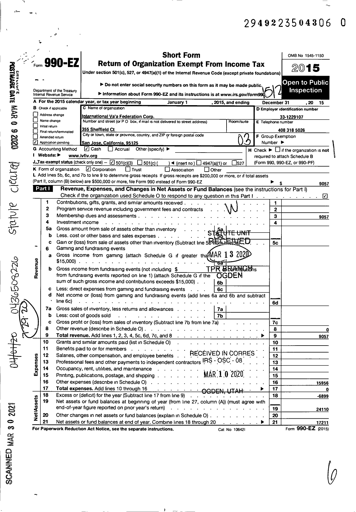 Image of first page of 2015 Form 990EZ for International Vaa A Federation Corporation