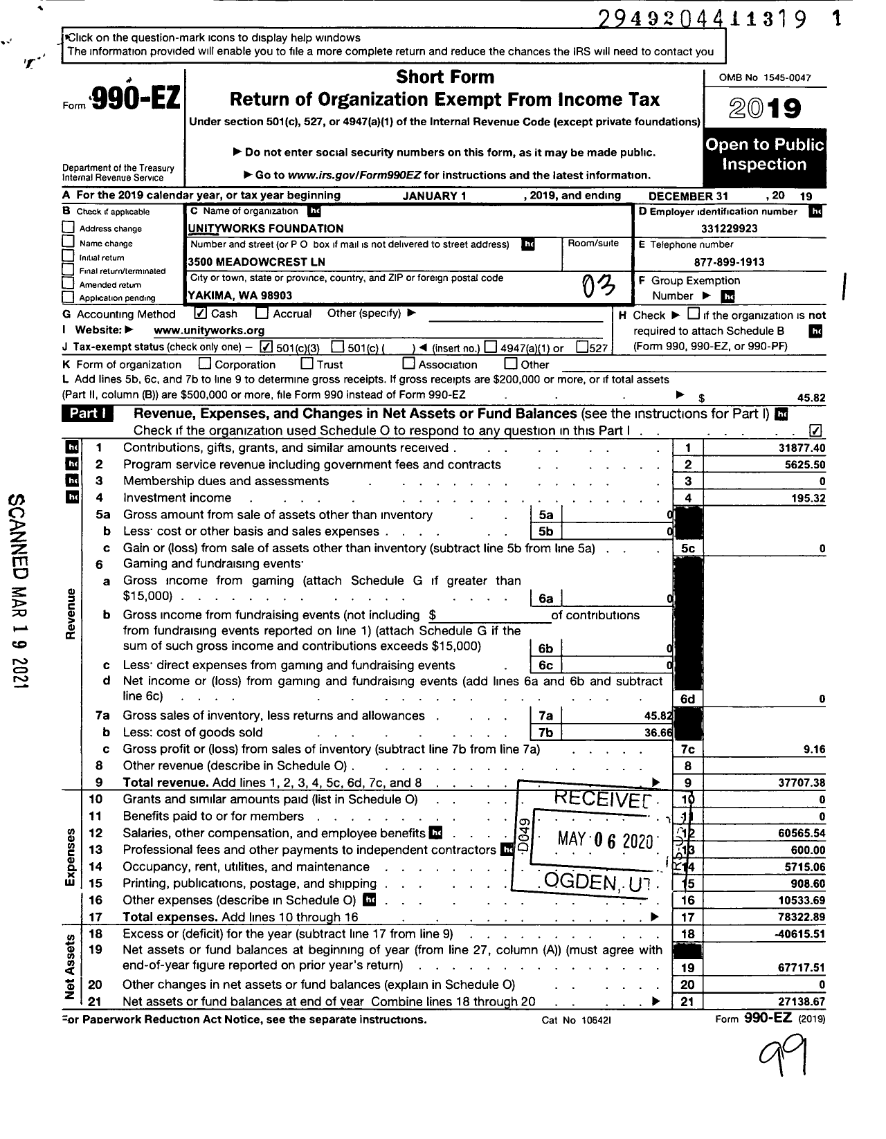 Image of first page of 2019 Form 990EZ for UnityWorks Foundation