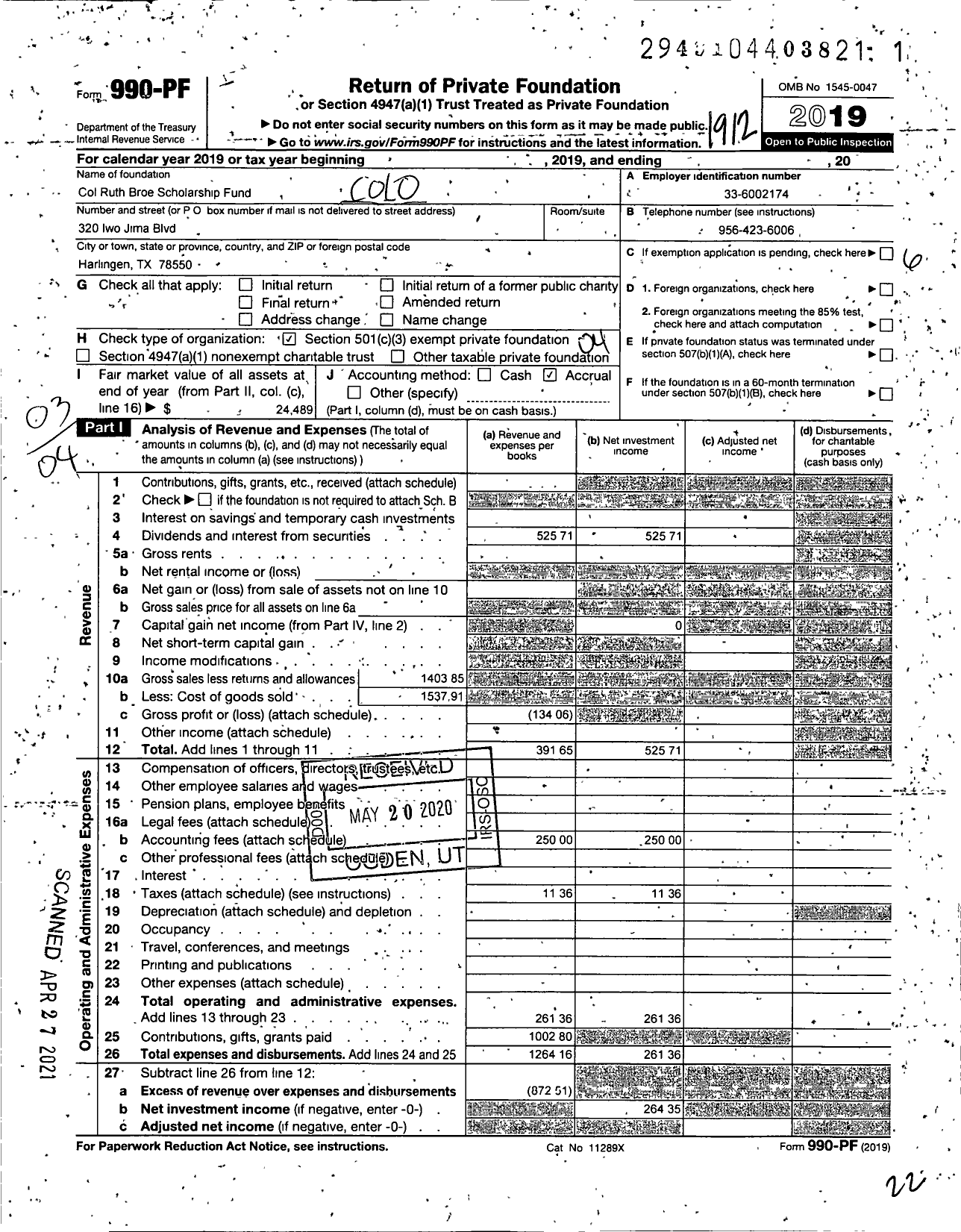 Image of first page of 2019 Form 990PF for Col Ruth Broe Scholarship Fund