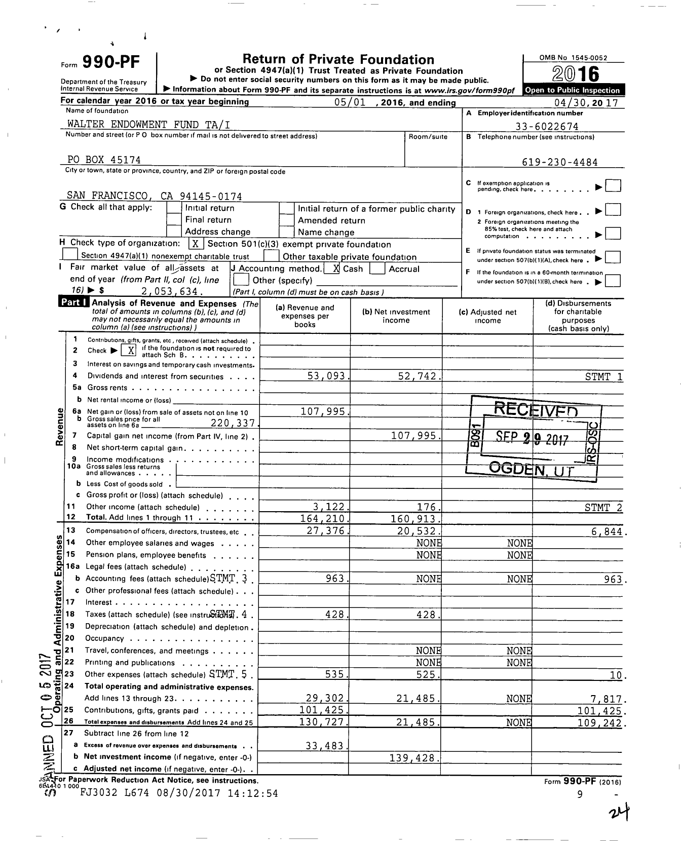 Image of first page of 2016 Form 990PF for Walter Endowment Fund Tai