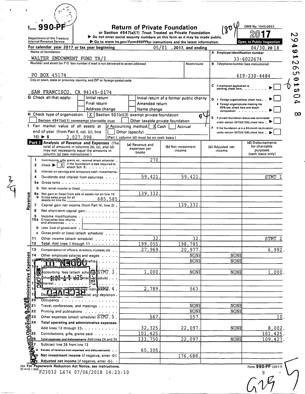 Image of first page of 2017 Form 990PF for Walter Endowment Fund Tai