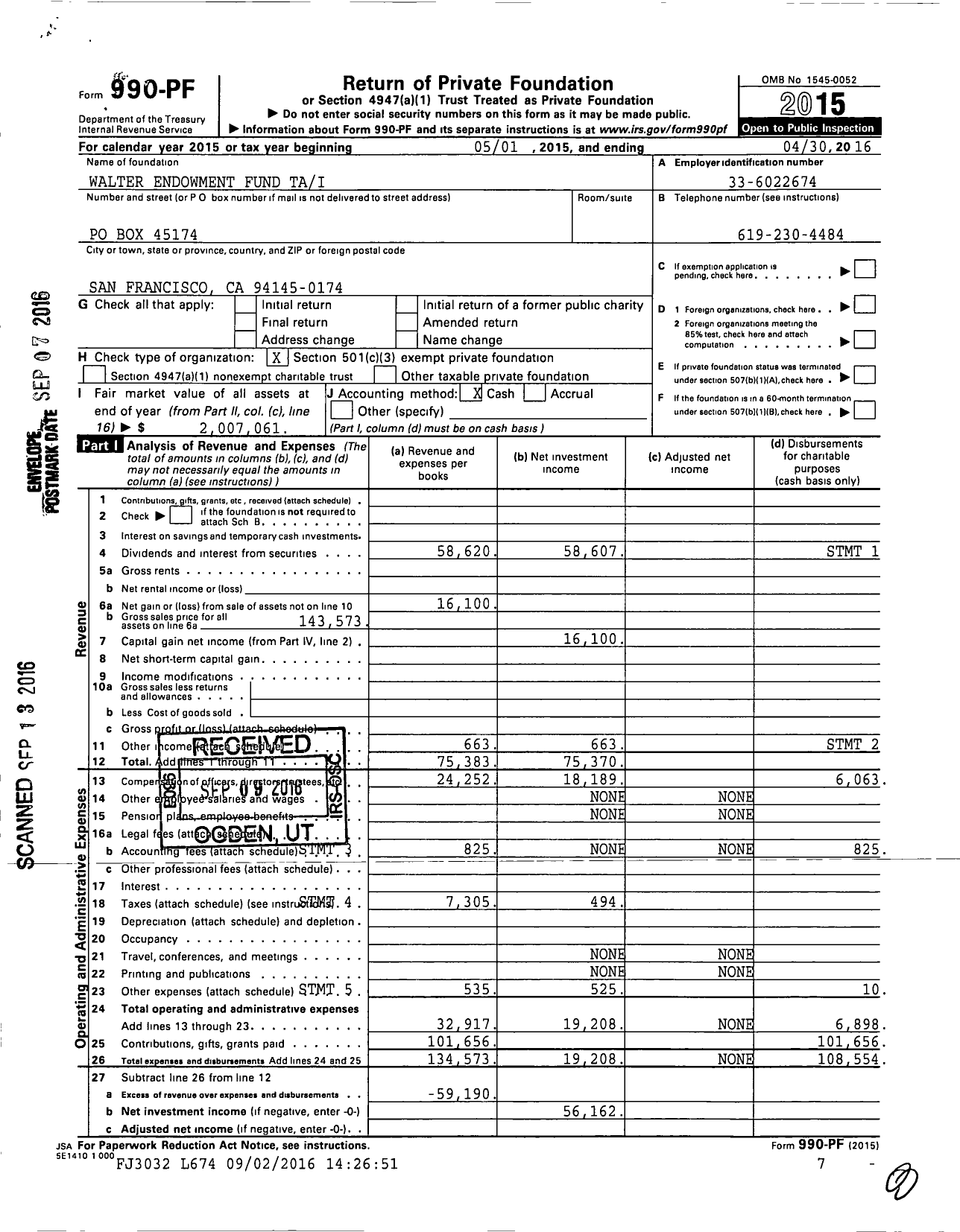 Image of first page of 2015 Form 990PF for Walter Endowment Fund Tai