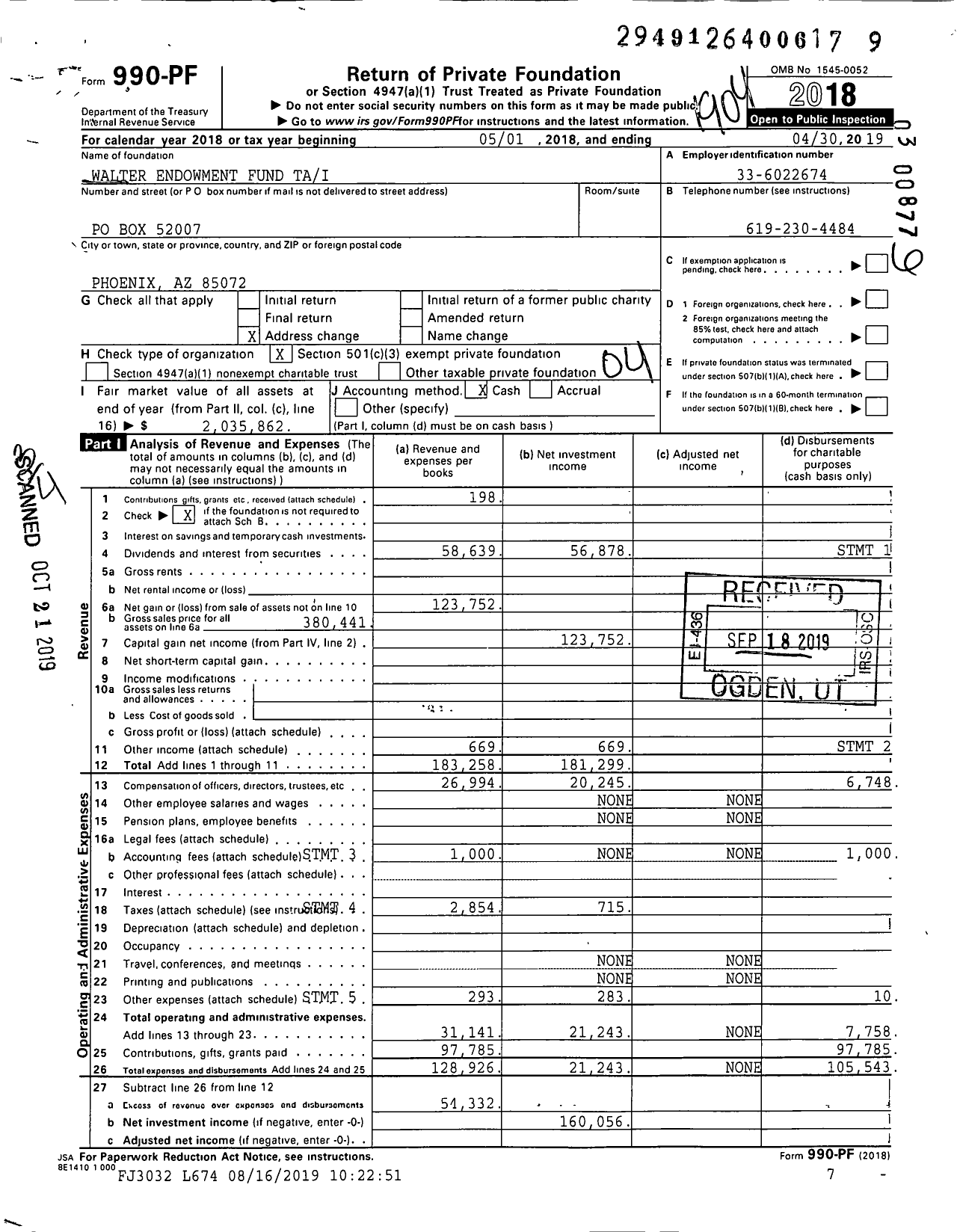 Image of first page of 2018 Form 990PF for Walter Endowment Fund Tai