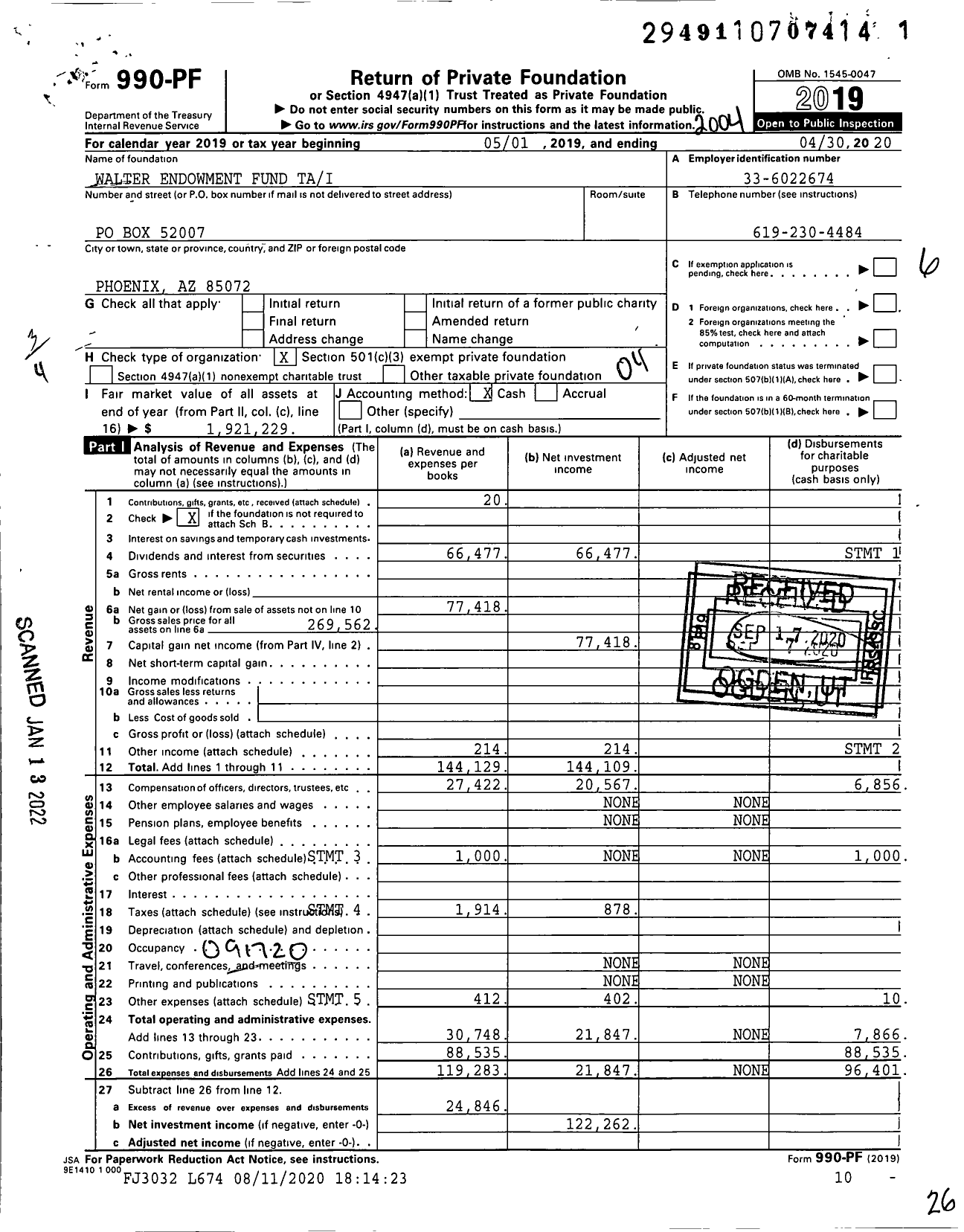 Image of first page of 2019 Form 990PF for Walter Endowment Fund Tai