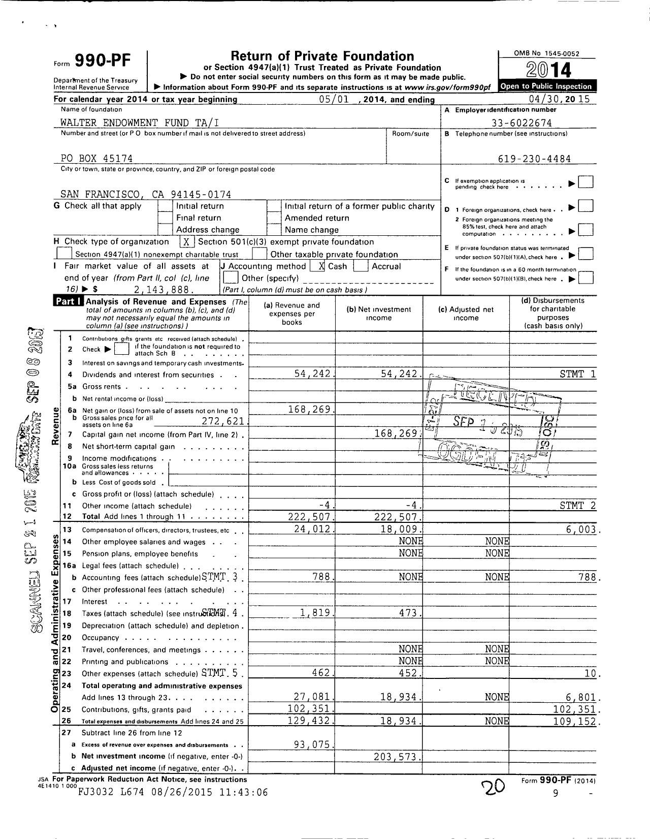 Image of first page of 2014 Form 990PF for Walter Endowment Fund Tai