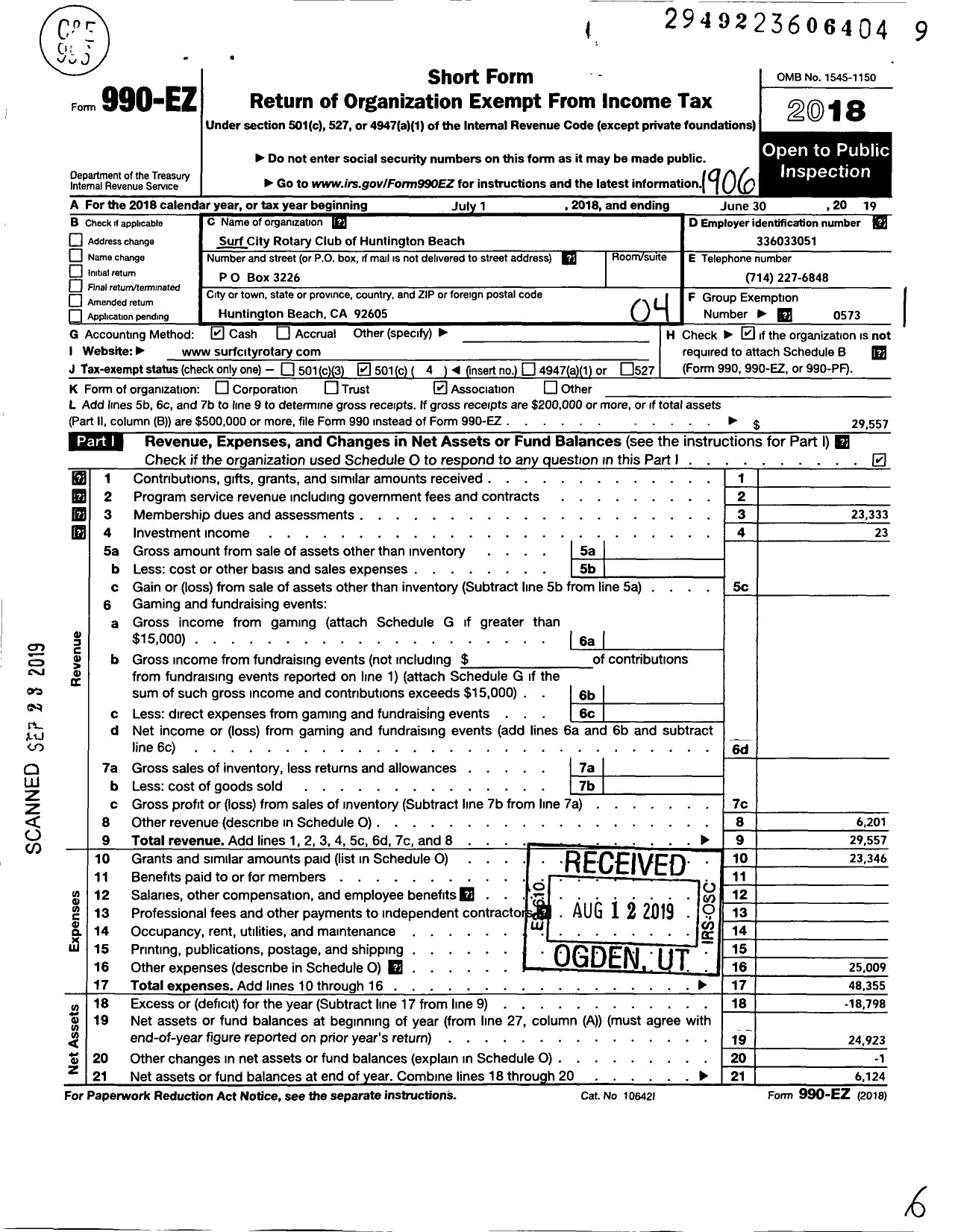 Image of first page of 2018 Form 990EO for Rotary International - Surf City Huntington Beach