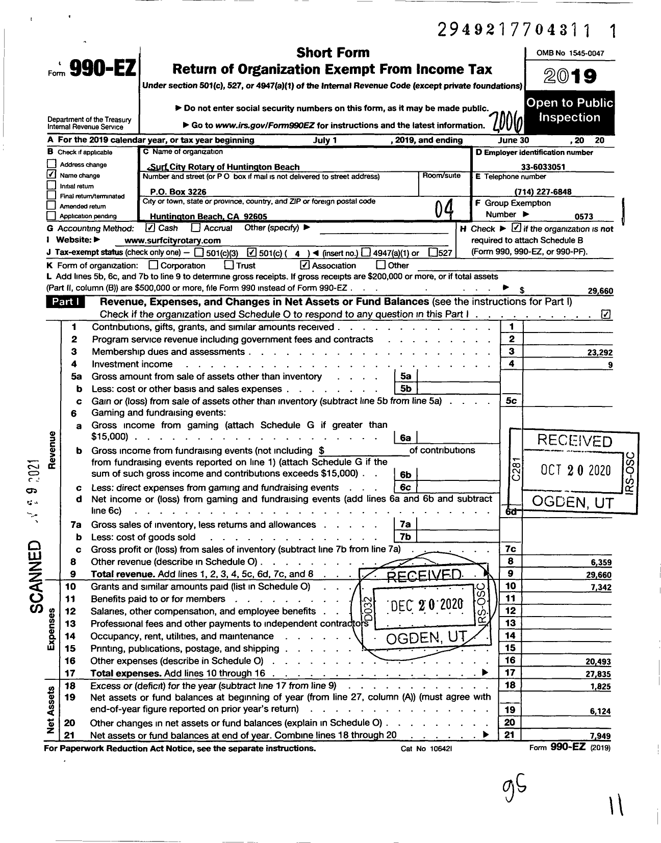 Image of first page of 2019 Form 990EO for Rotary International - Surf City Huntington Beach