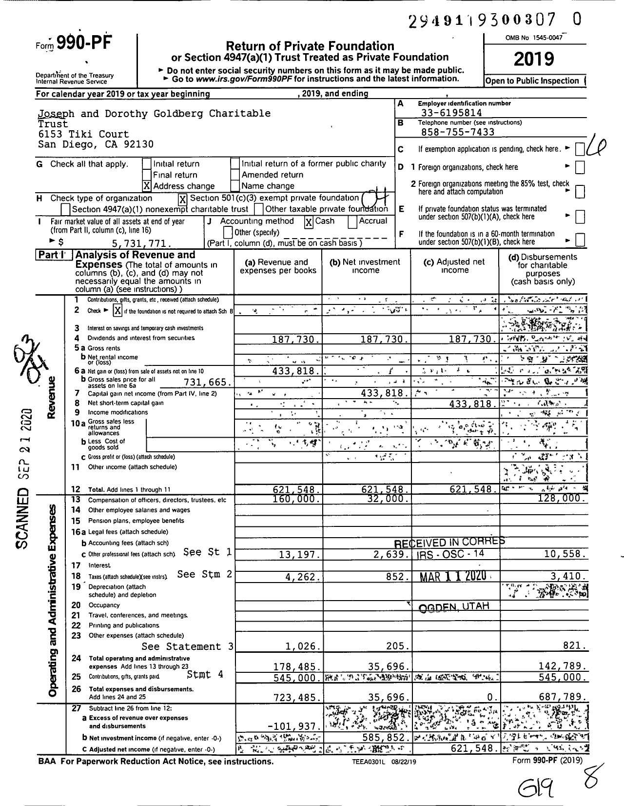 Image of first page of 2019 Form 990PR for Joseph and Dorothy Goldberg Charitable Trust