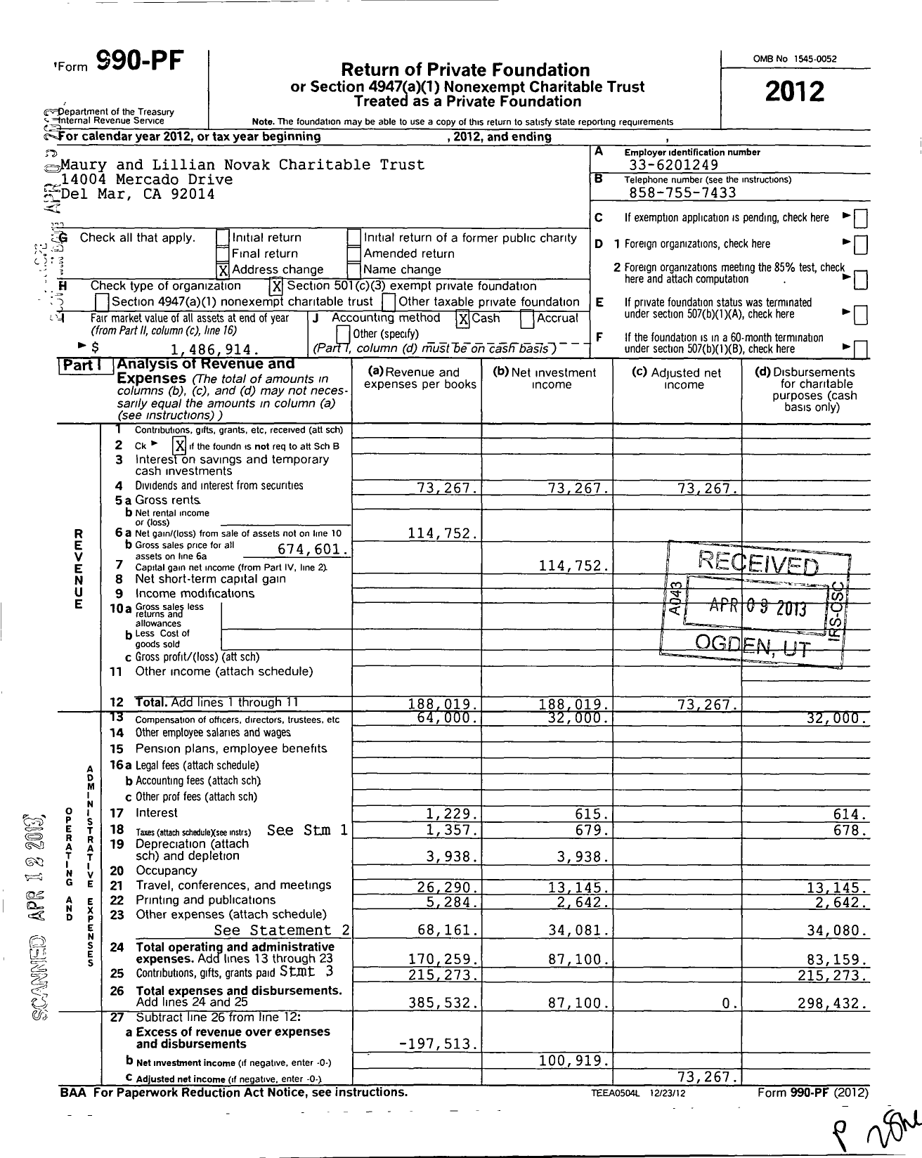 Image of first page of 2012 Form 990PF for Maury and Lillian Novak Charitable Trust