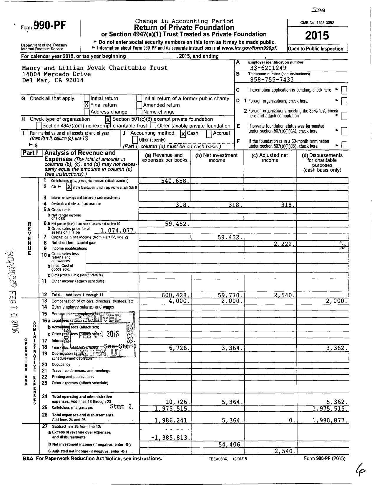 Image of first page of 2015 Form 990PF for Maury and Lillian Novak Charitable Trust