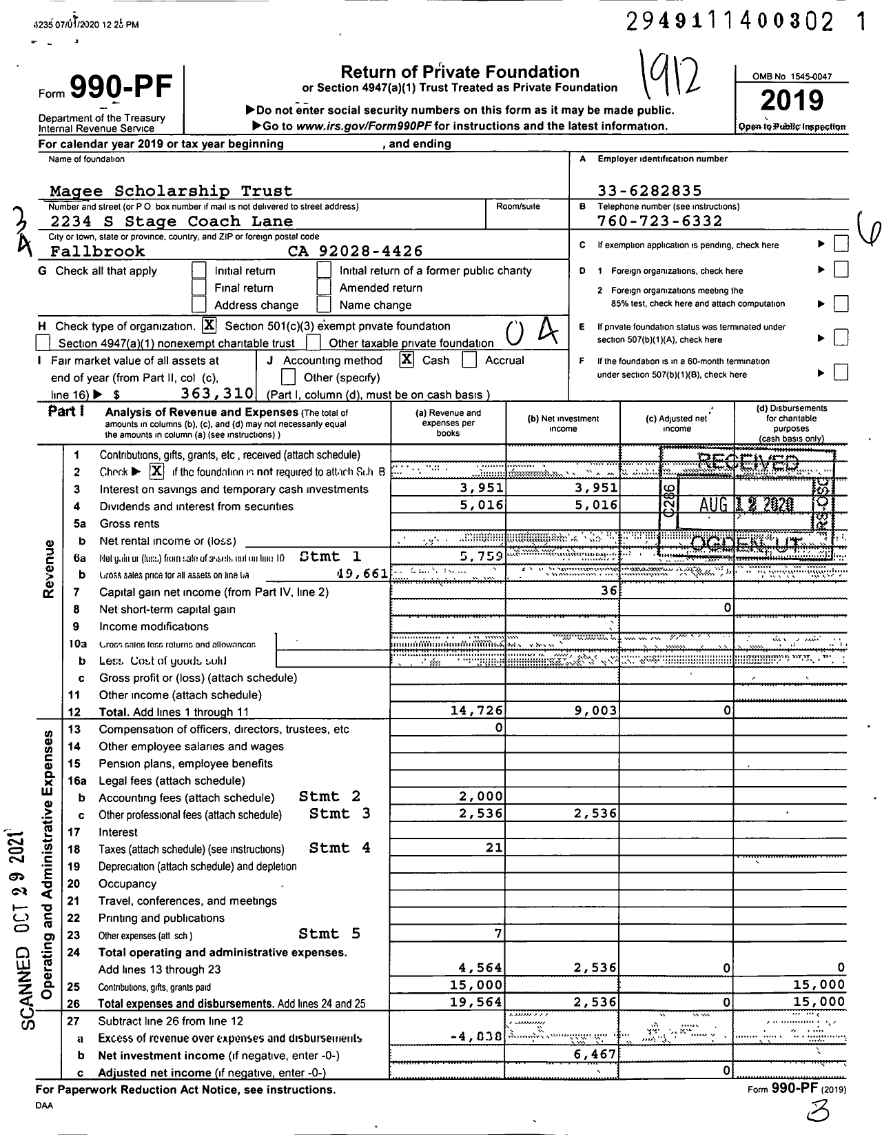 Image of first page of 2019 Form 990PF for Magee Scholarship Trust