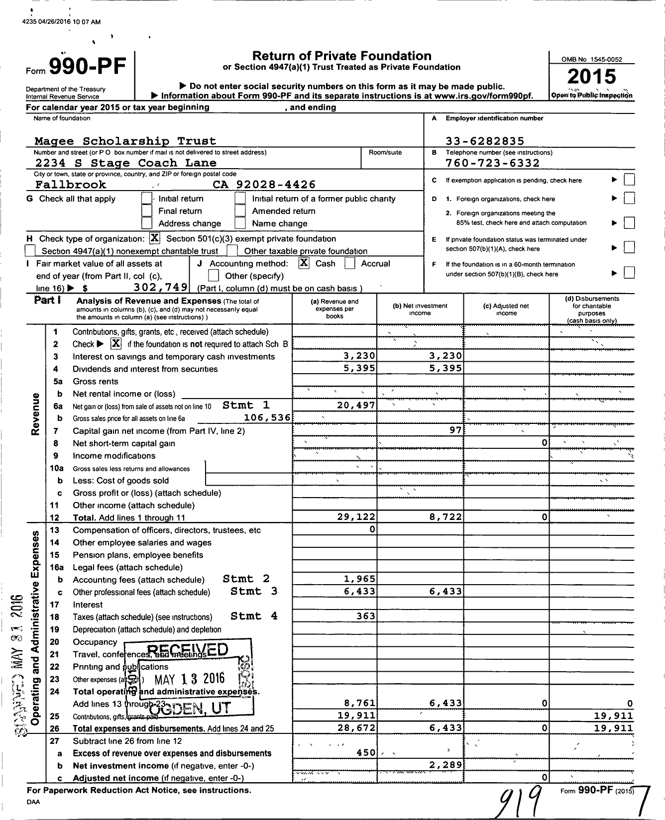 Image of first page of 2015 Form 990PF for Magee Scholarship Trust