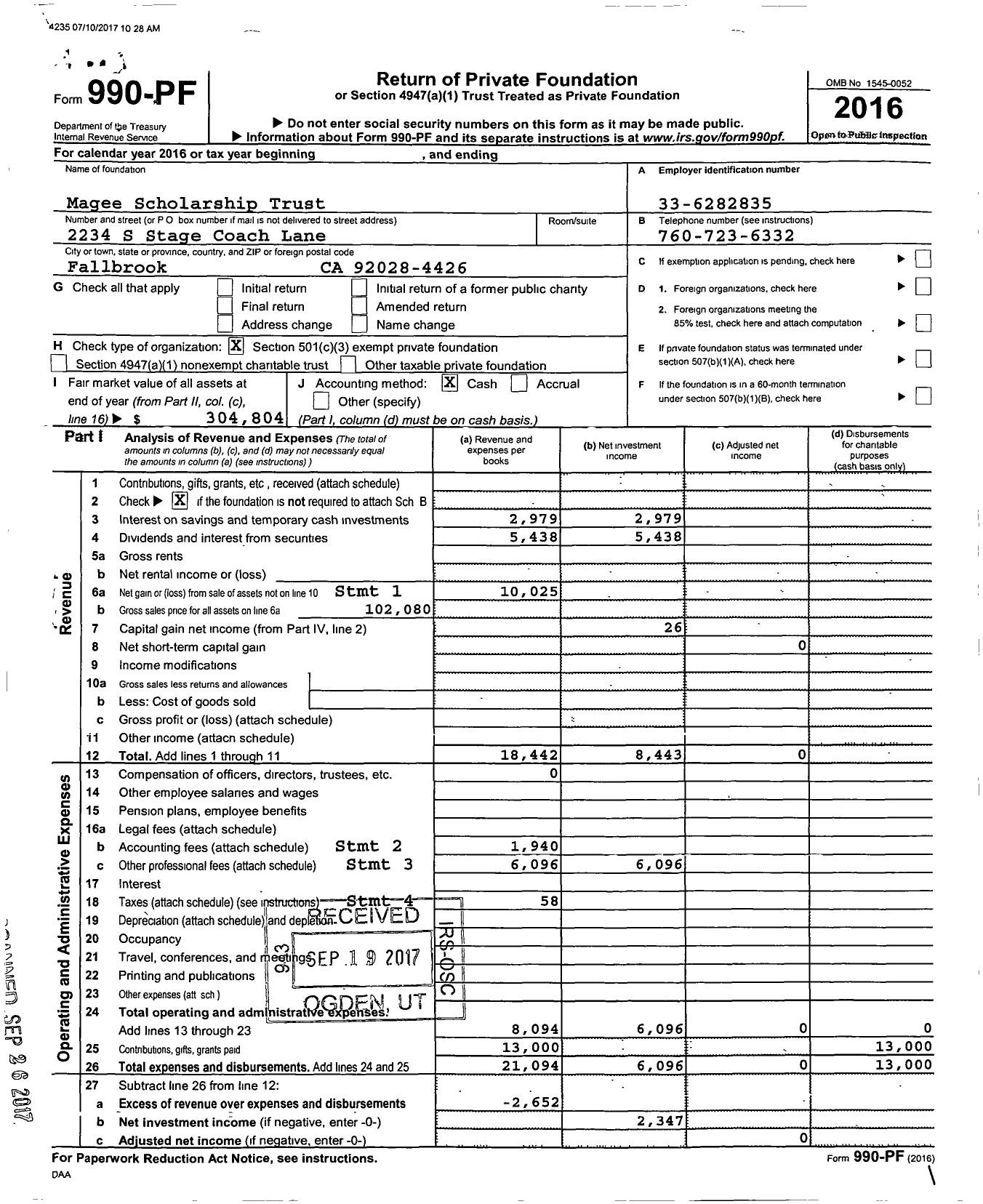 Image of first page of 2016 Form 990PF for Magee Scholarship Trust