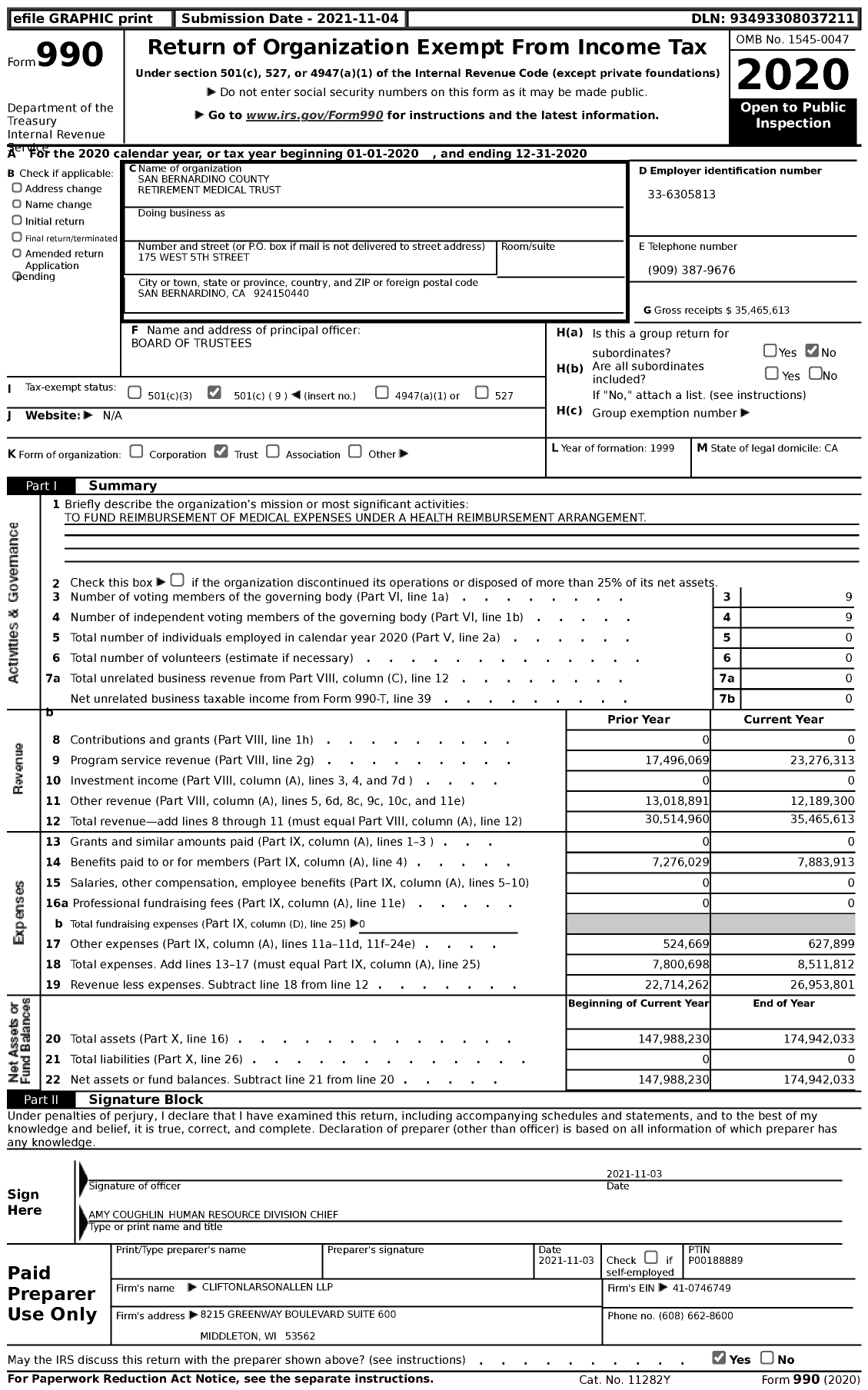 Image of first page of 2020 Form 990 for San Bernardino County Retirement Medical Trust