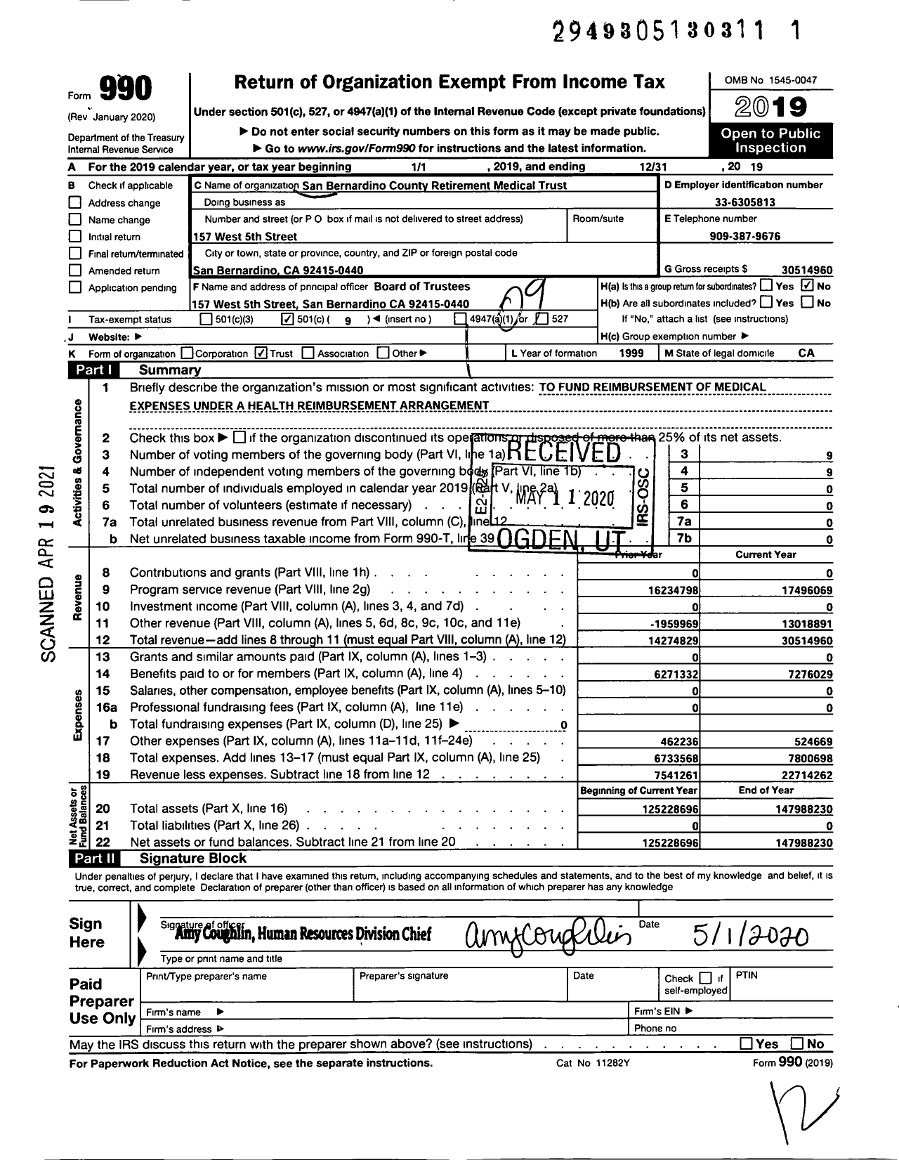 Image of first page of 2019 Form 990O for San Bernardino County Retirement Medical Trust