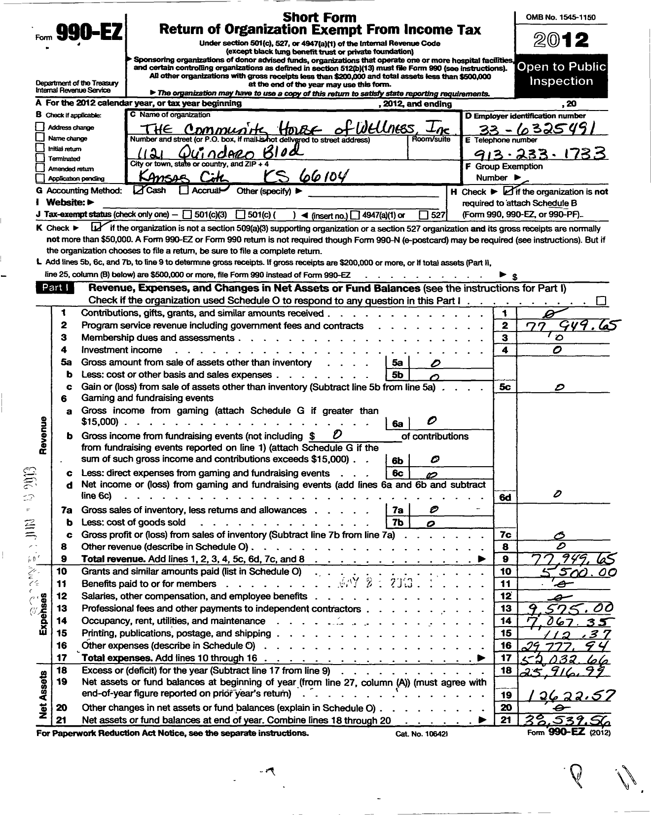 Image of first page of 2012 Form 990EO for Community House of Wellness