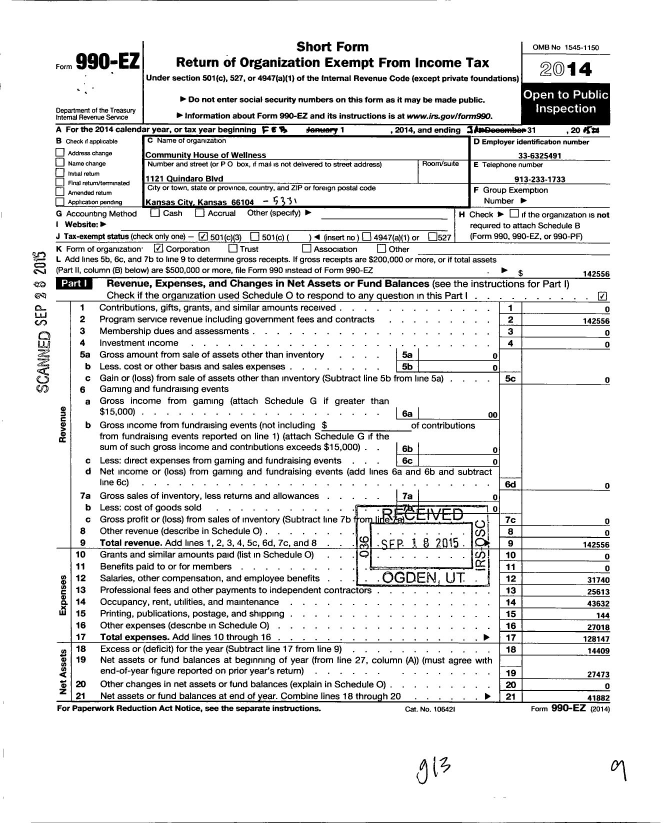 Image of first page of 2014 Form 990EZ for Community House of Wellness