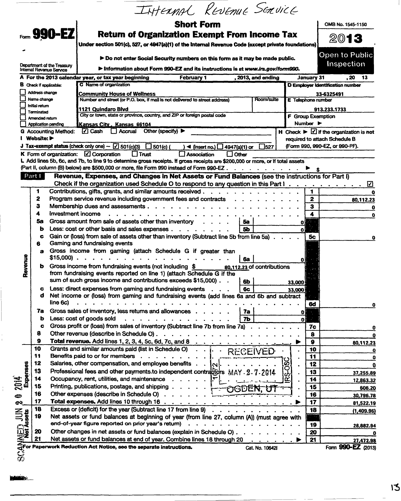 Image of first page of 2012 Form 990EZ for Community House of Wellness