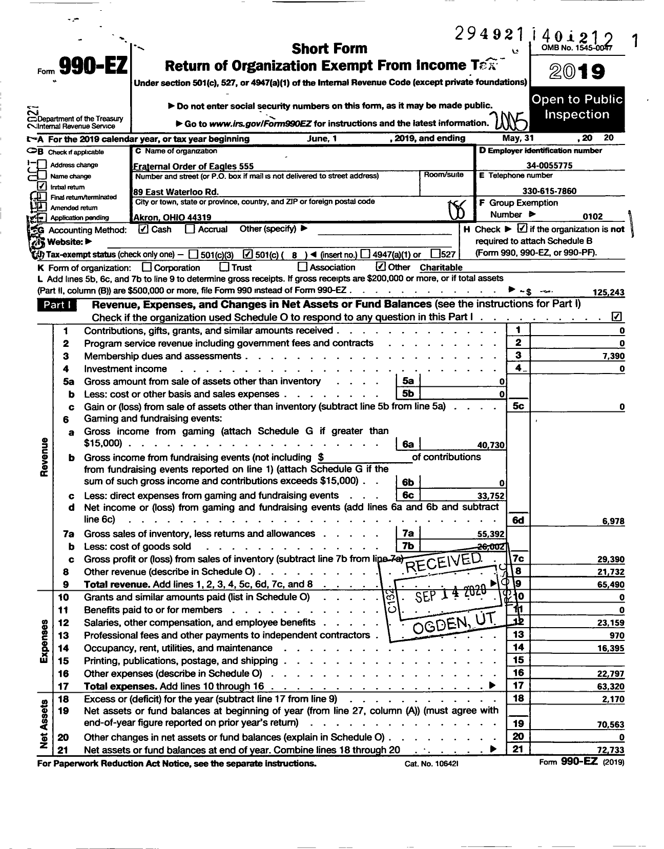 Image of first page of 2019 Form 990EO for Fraternal Order of Eagles - Akron Eagles 555