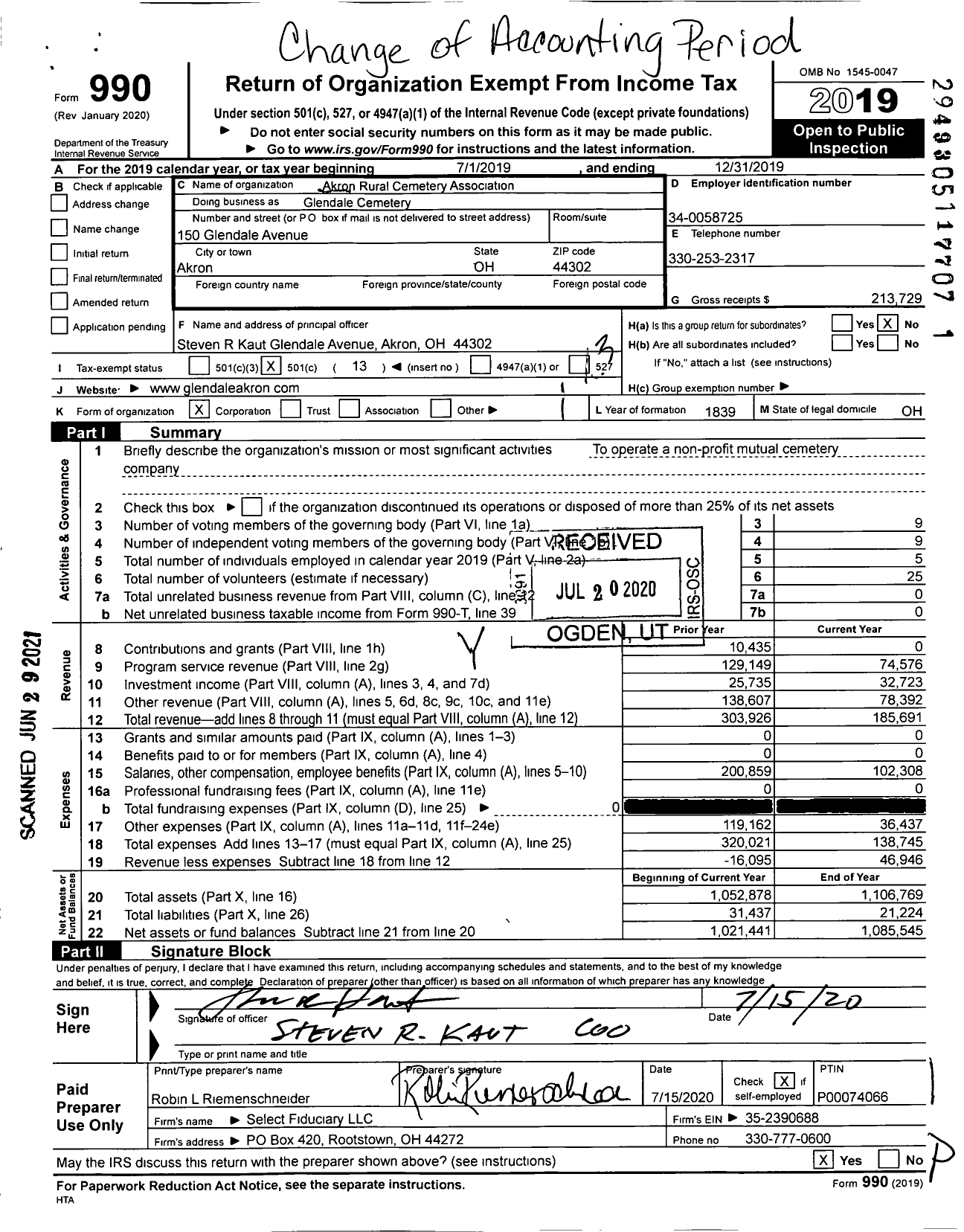 Image of first page of 2019 Form 990O for Glendale Cemetery / Akron Rural Cemetery Association