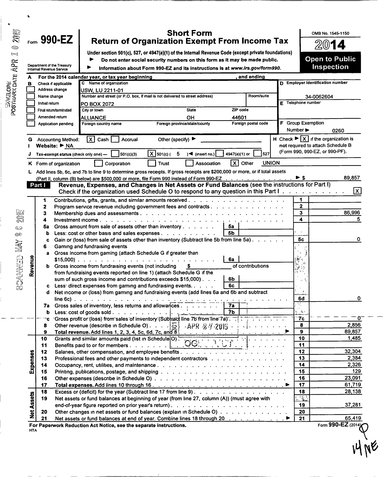 Image of first page of 2014 Form 990EO for United Steelworkers - 2211 Local