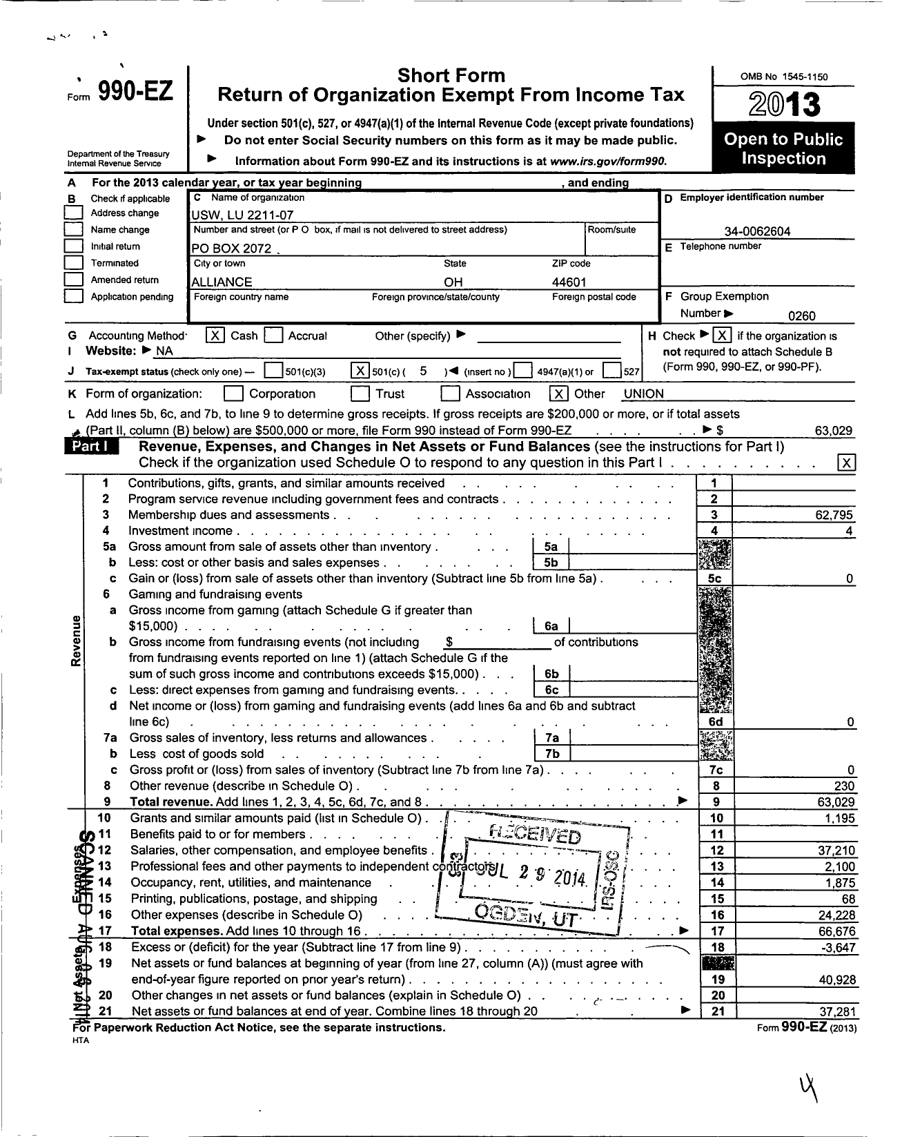 Image of first page of 2013 Form 990EO for United Steelworkers - 2211 Local