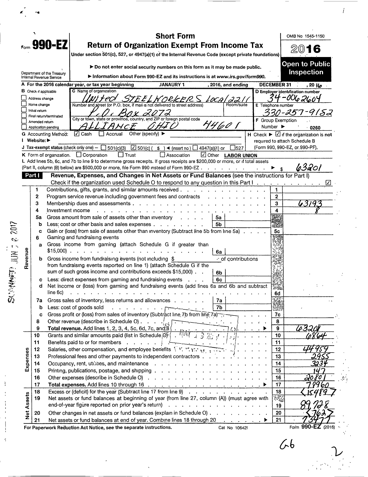 Image of first page of 2016 Form 990EO for United Steelworkers - 2211 Local