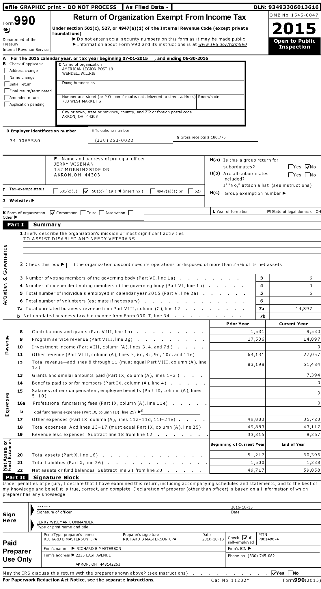 Image of first page of 2015 Form 990O for American Legion Post 19 Wendell Willkie