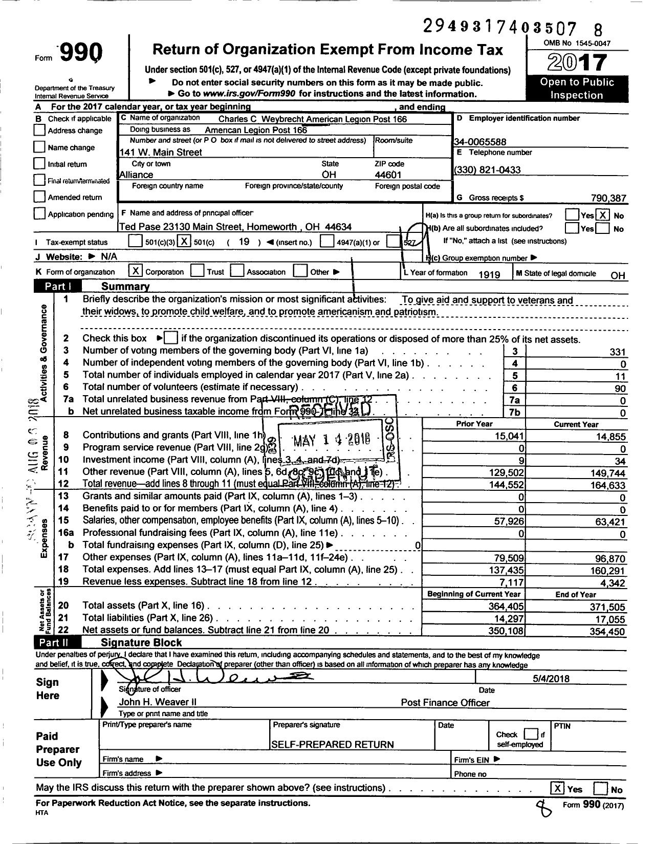 Image of first page of 2017 Form 990O for American Legion - Charles C Weybrecht American Legion Post 166