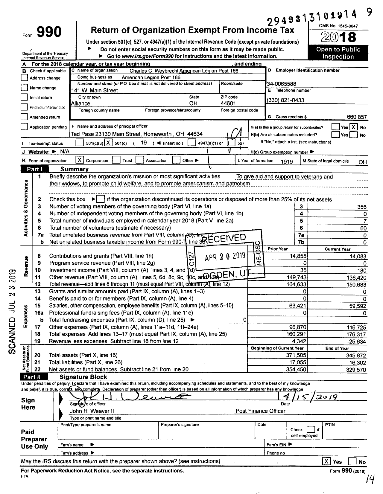 Image of first page of 2018 Form 990O for American Legion - Charles C Weybrecht American Legion Post 166