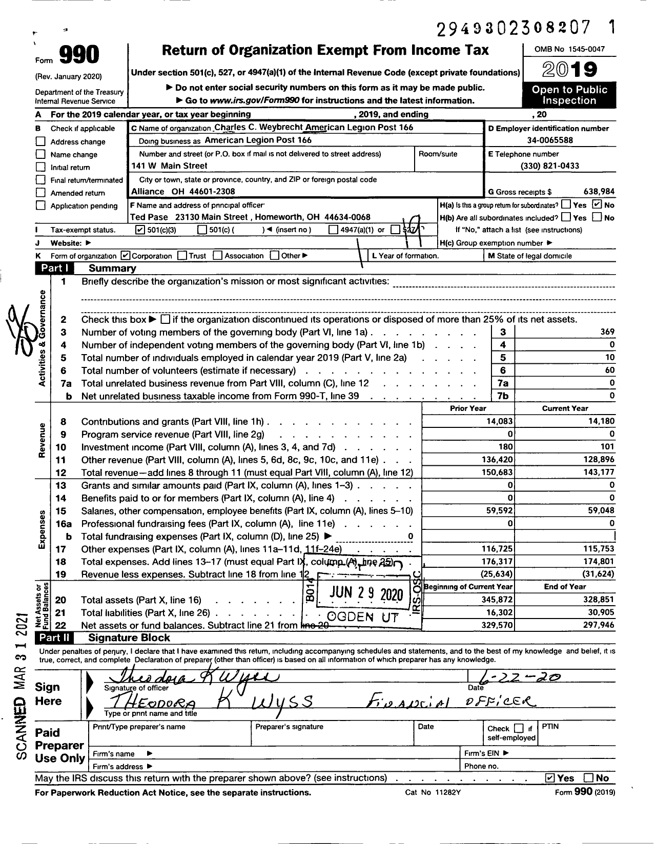 Image of first page of 2019 Form 990O for American Legion - Charles C Weybrecht American Legion Post 166