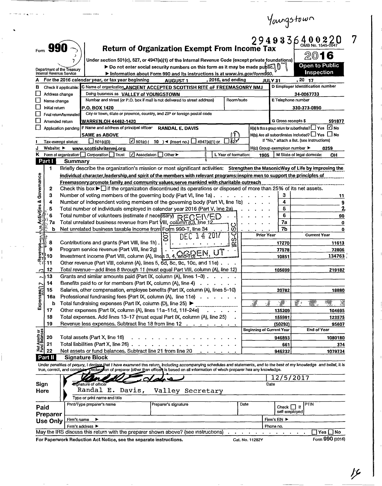 Image of first page of 2016 Form 990O for Scottish Rite, NMJ - Valley of Youngstown