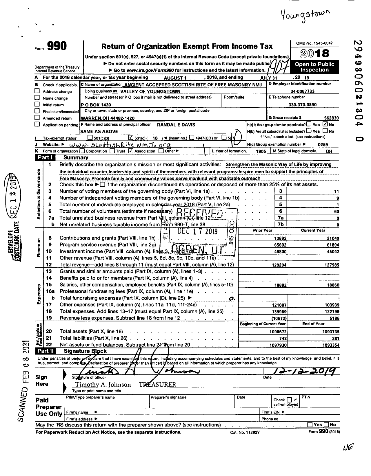 Image of first page of 2018 Form 990O for Scottish Rite, NMJ - Valley of Youngstown