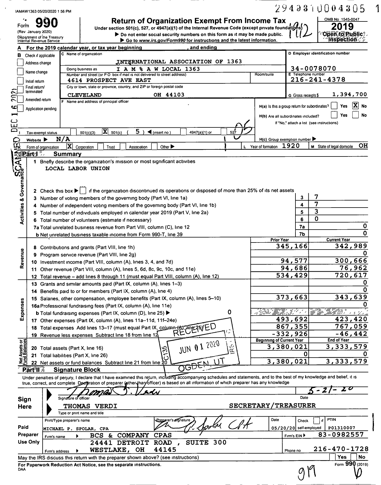 Image of first page of 2019 Form 990O for International Association of Machinists and Aerospace Workers - I A M A W Local 1363