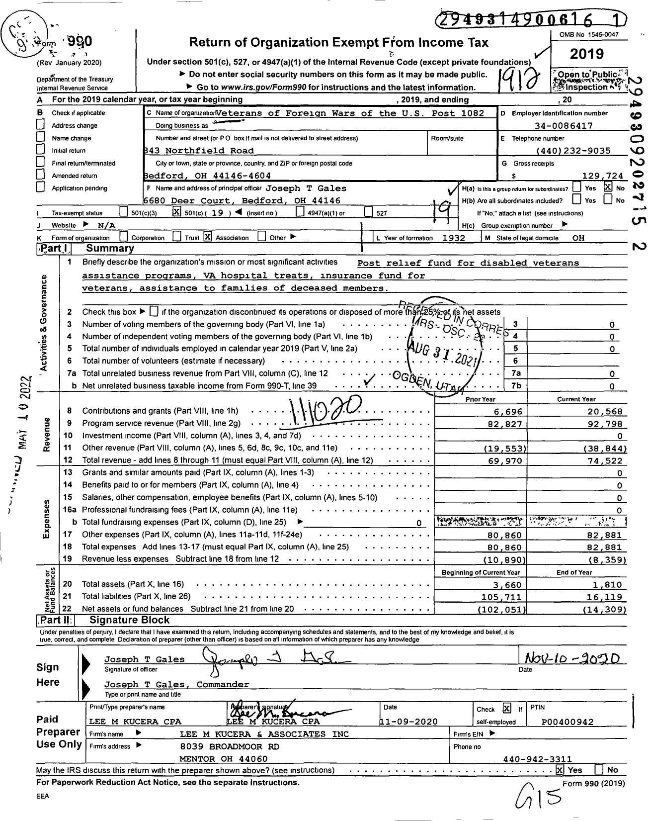 Image of first page of 2019 Form 990O for Ohio VFW - Veterans of Foreign Wars of the US Post 1082