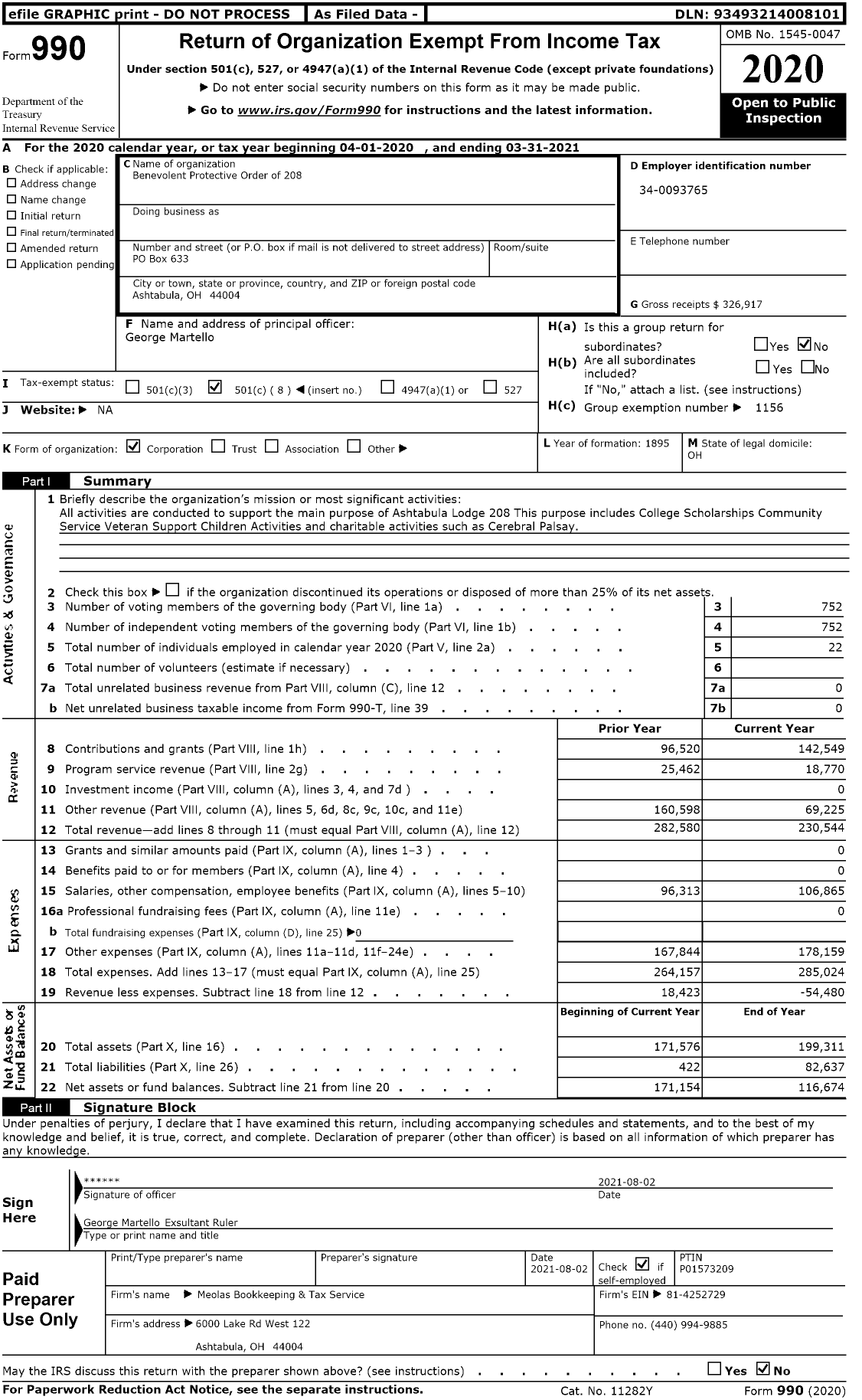 Image of first page of 2020 Form 990O for Benevolent and Protective Order of Elks - 208 Ashtabula