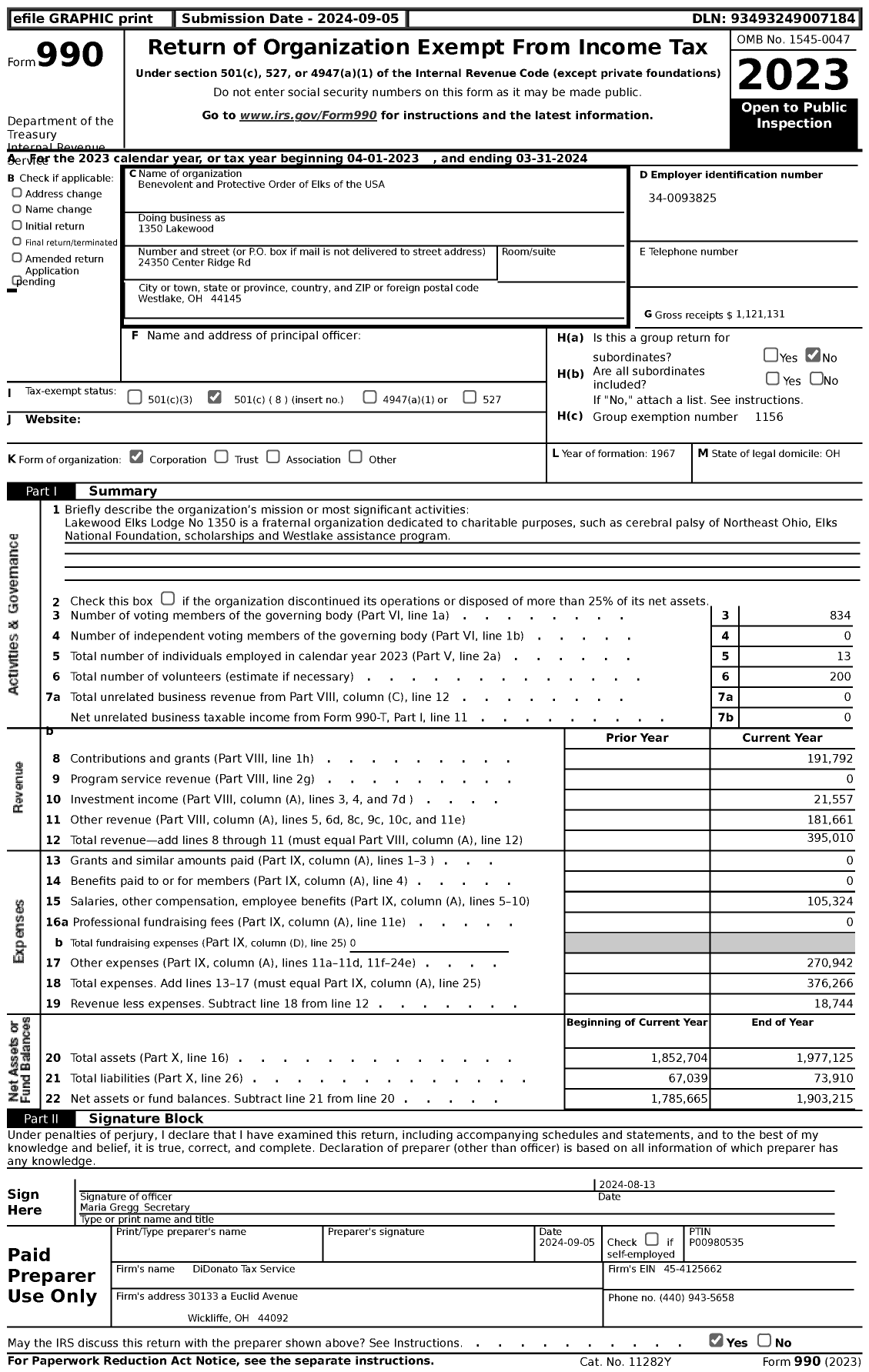 Image of first page of 2023 Form 990 for Benevolent and Protective Order of Elks - 1350 Lakewood