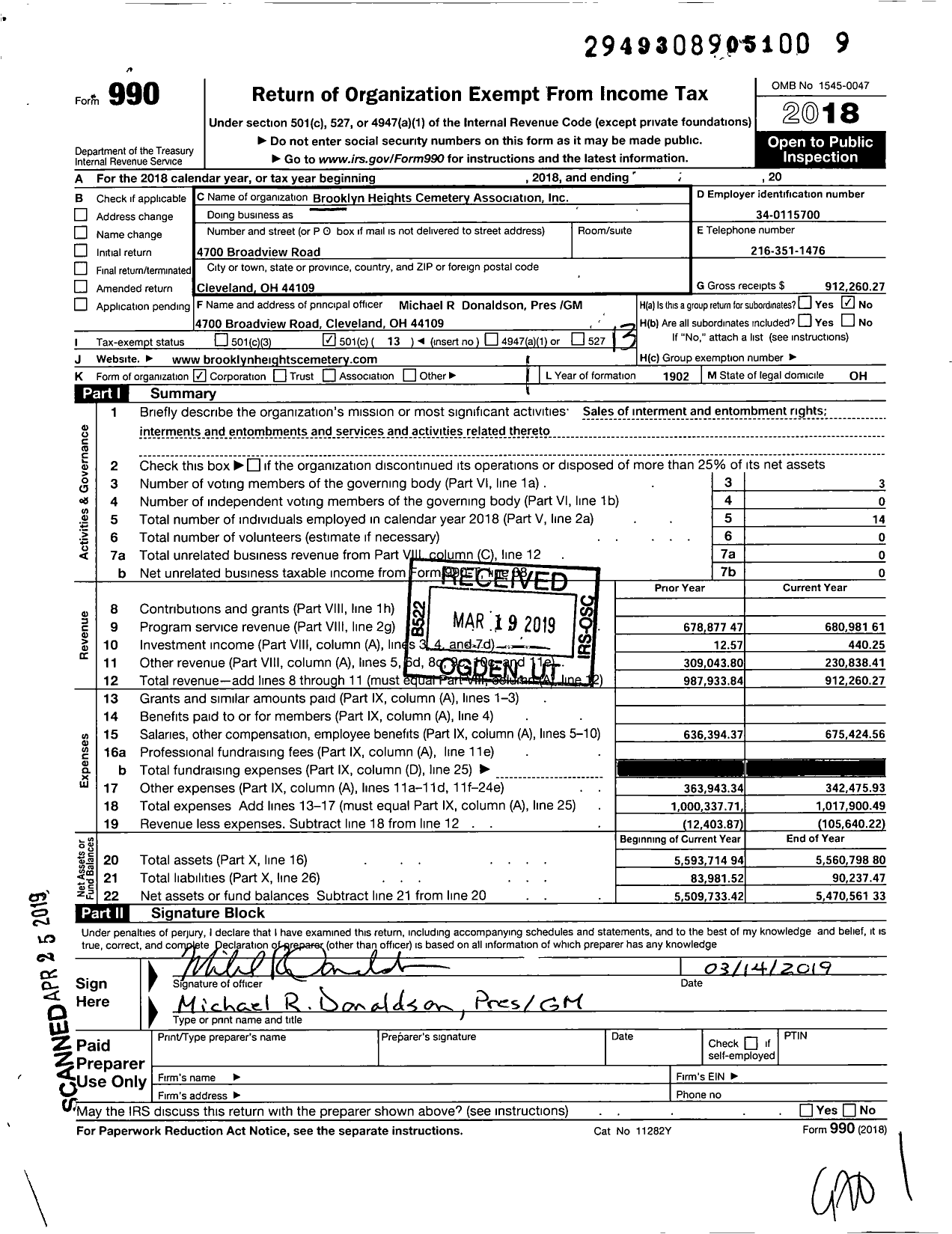 Image of first page of 2018 Form 990O for Brooklyn Heights Cemetery Association