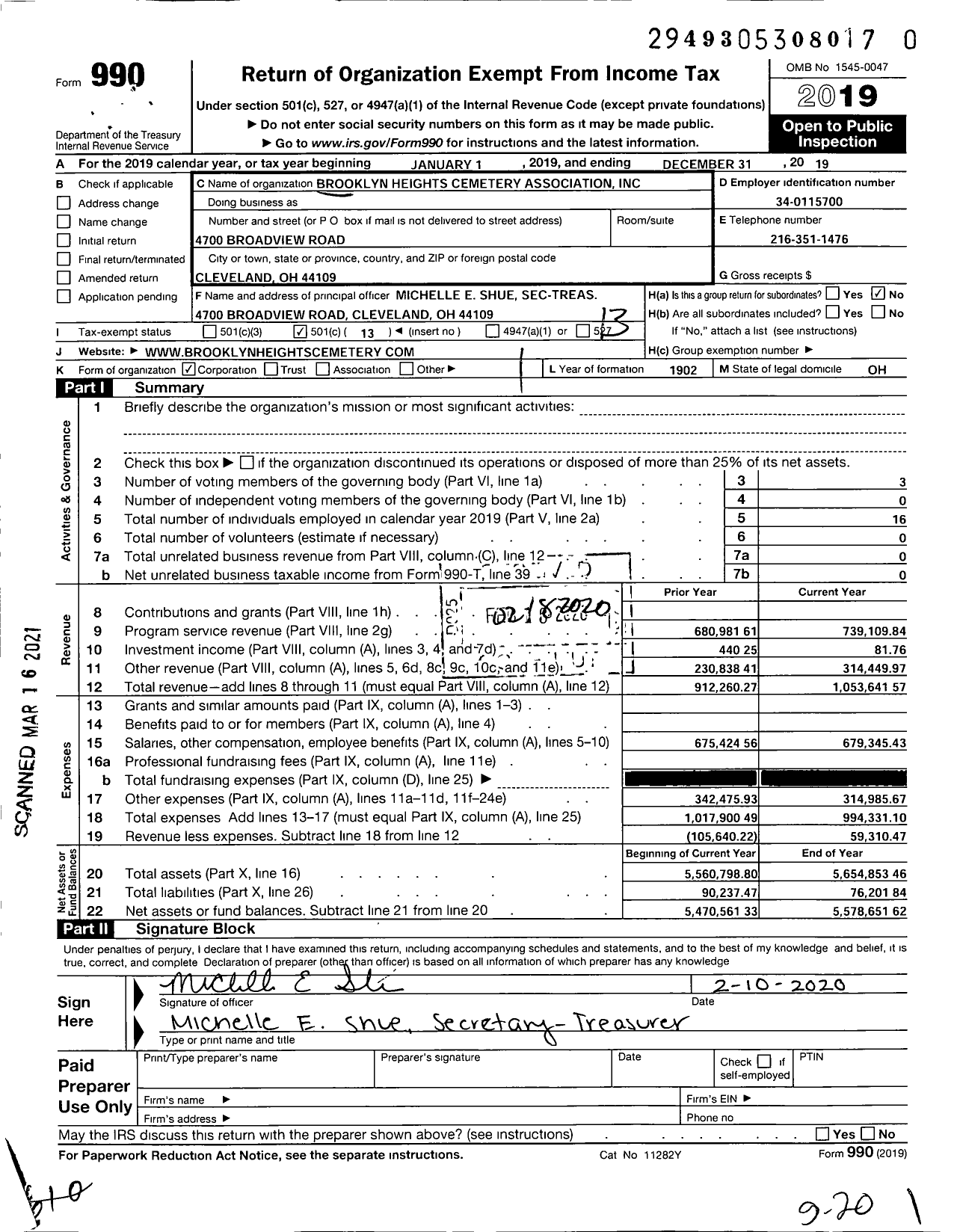 Image of first page of 2019 Form 990O for Brooklyn Heights Cemetery Association